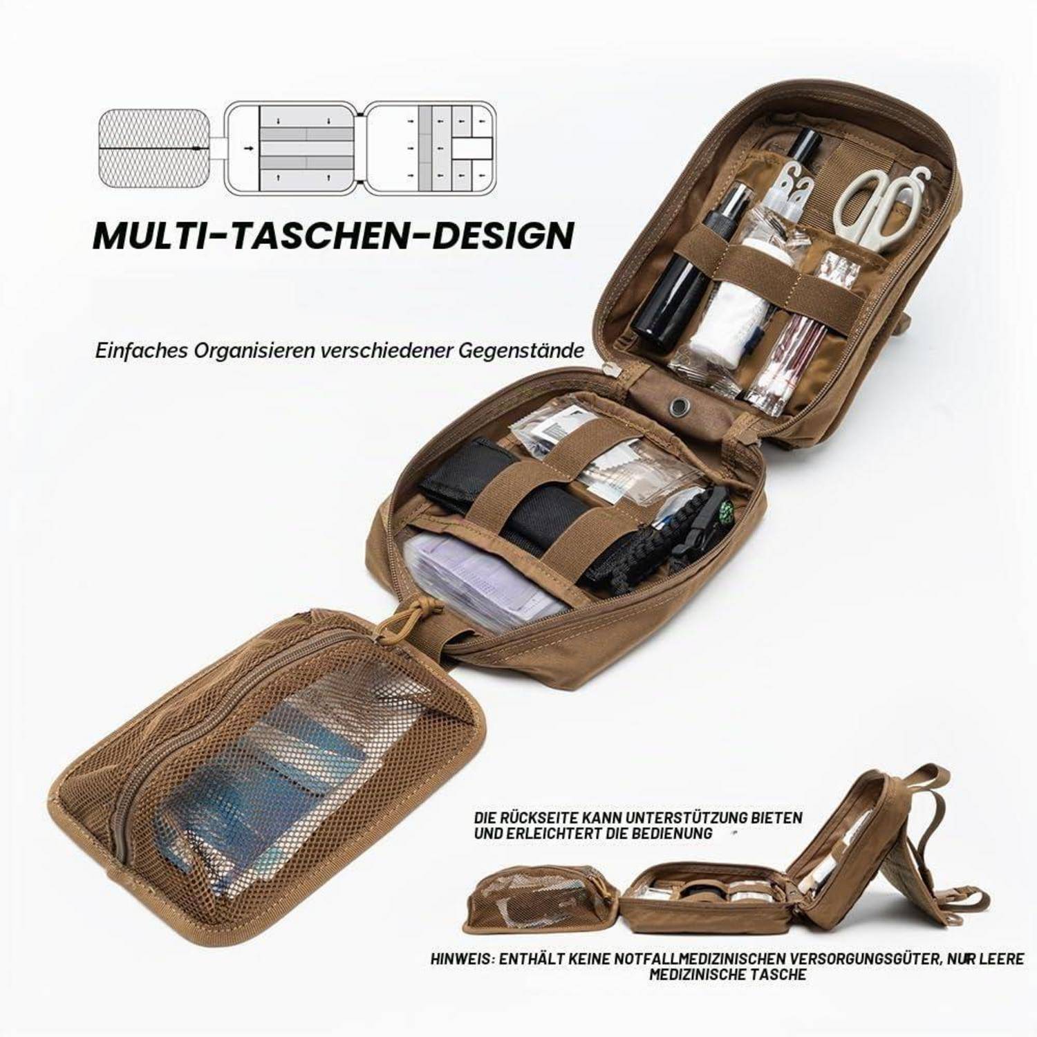Offene braune Mehrtaschen-Organizer-Tasche mit Mesh-Fächern, geöffnet zum Lagern von Toilettenartikeln; deutscher Text hebt einfache Organisation und Unterstützung für die Verwendung hervor.