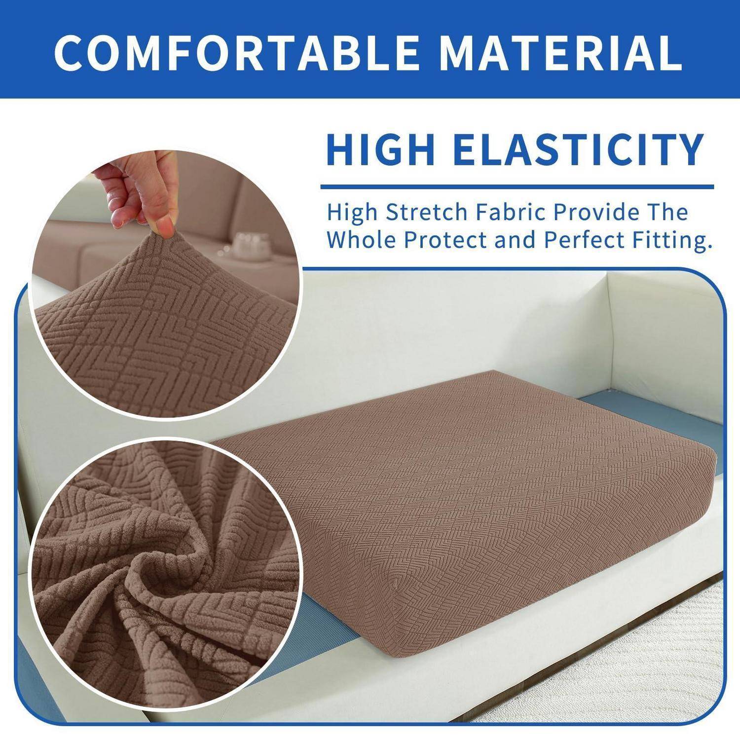 Anzeigengrafik für einen Stretch-Sofabezug, die braunes strukturiertes Gewebe auf einem Sofa mit Nahaufnahmen und dem Text „KOMFORTABLES MATERIAL" und „HOHE ELASTIZITÄT"" zeigt.