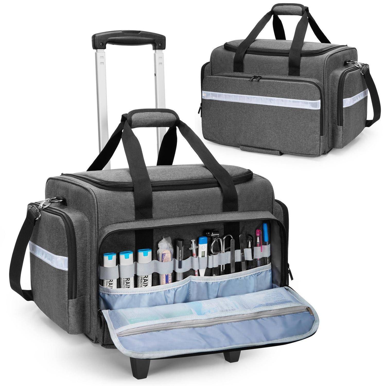 Damero Notfalltasche mit Trolley, Arzttasche mit Rollen, Grau