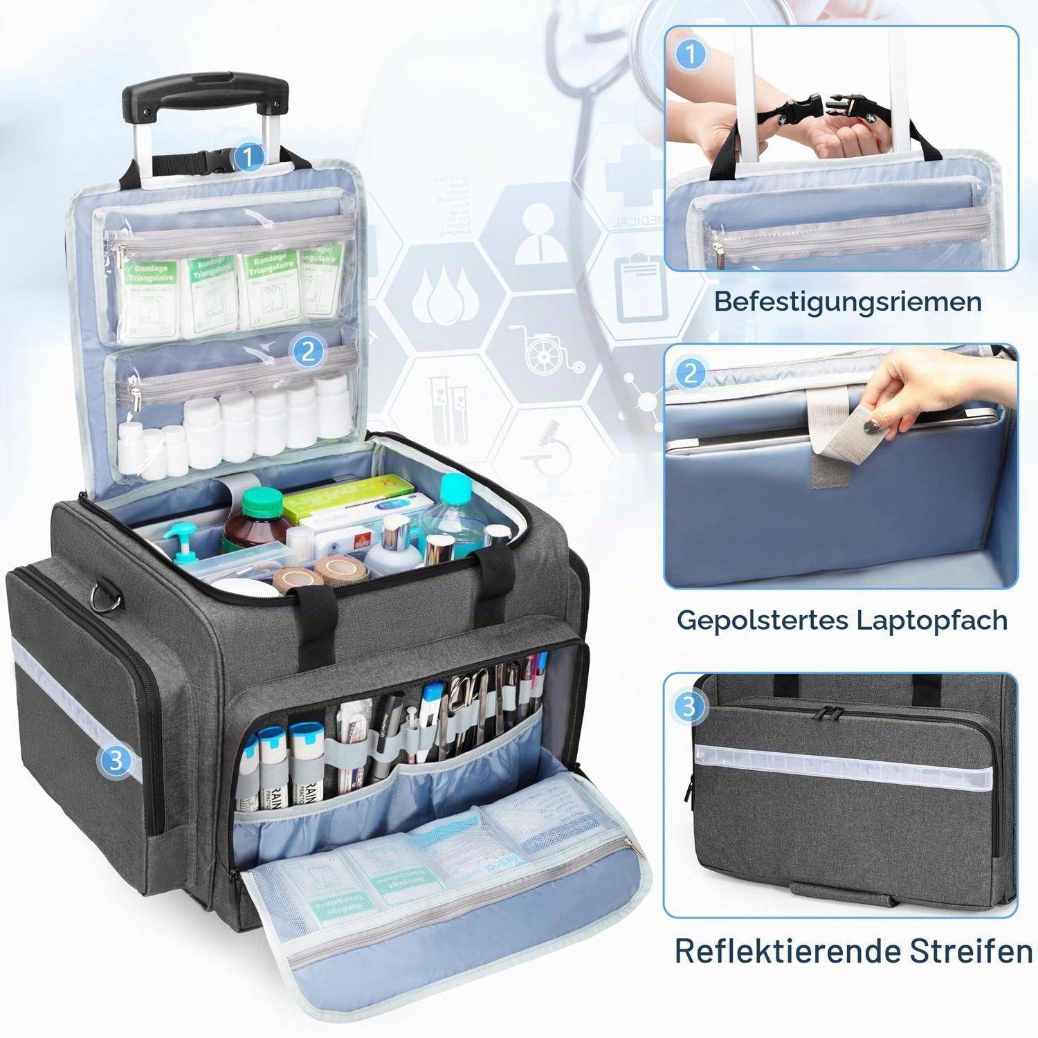Damero Notfalltasche mit Trolley, Arzttasche mit Rollen, Grau