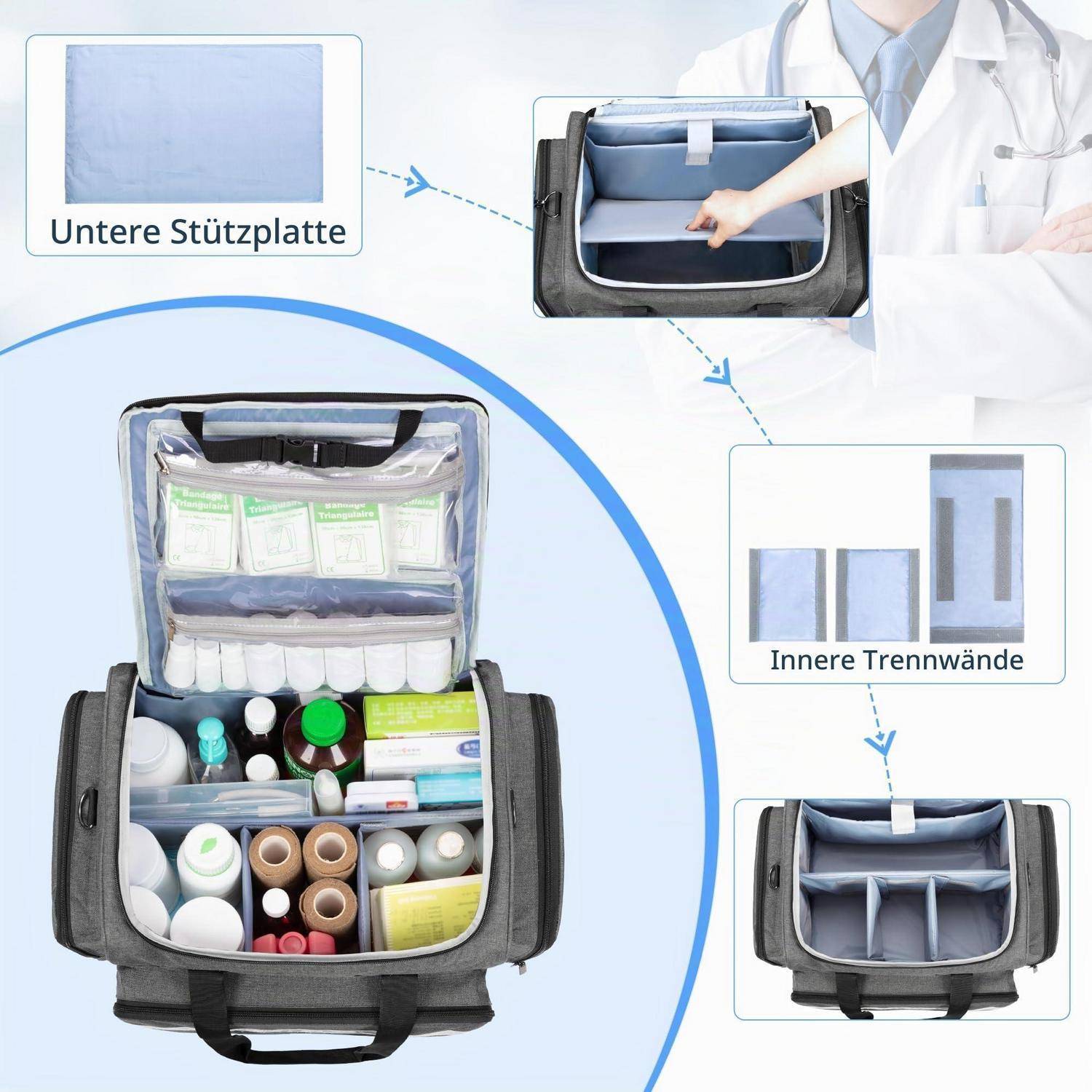 Damero Notfalltasche mit Trolley, Arzttasche mit Rollen, Grau