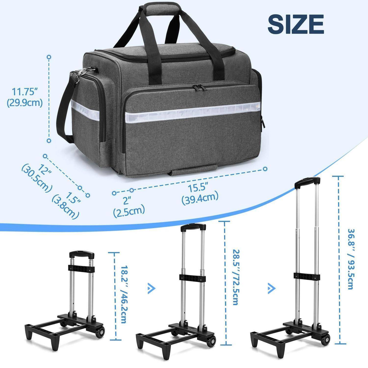 Damero Notfalltasche mit Trolley, Arzttasche mit Rollen, Grau