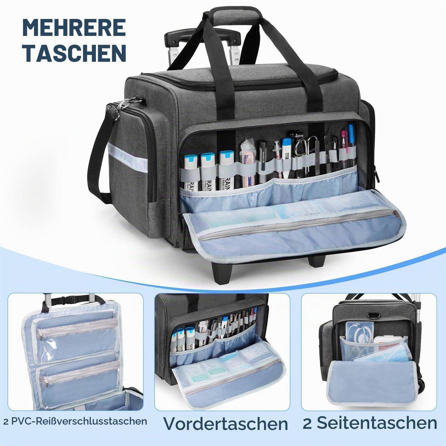 Damero Notfalltasche mit Trolley, Arzttasche mit Rollen, Grau