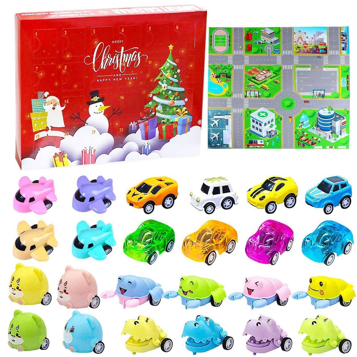 Adventskalender 2026 Spielzeugauto Set mit 24 Fahrzeugen und Spielmatte