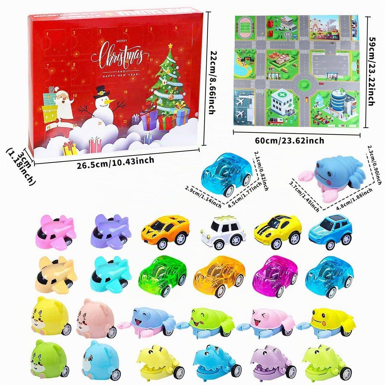 Adventskalender 2026 Spielzeugauto Set mit 24 Fahrzeugen und Spielmatte