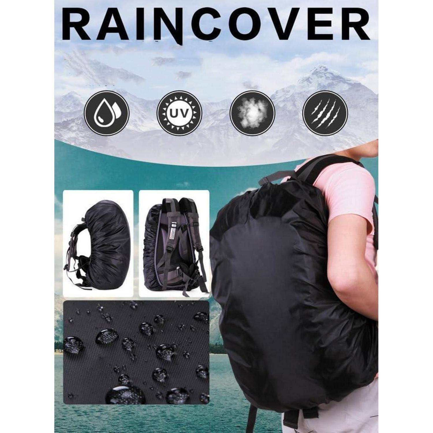 Regenschutz-Rucksackhülle – Anzeige mit schwarzer wasserdichter, UV-beständiger Hülle mit Regenschutzikonen und Nahaufnahmen von Stoff und Rucksackpassform.