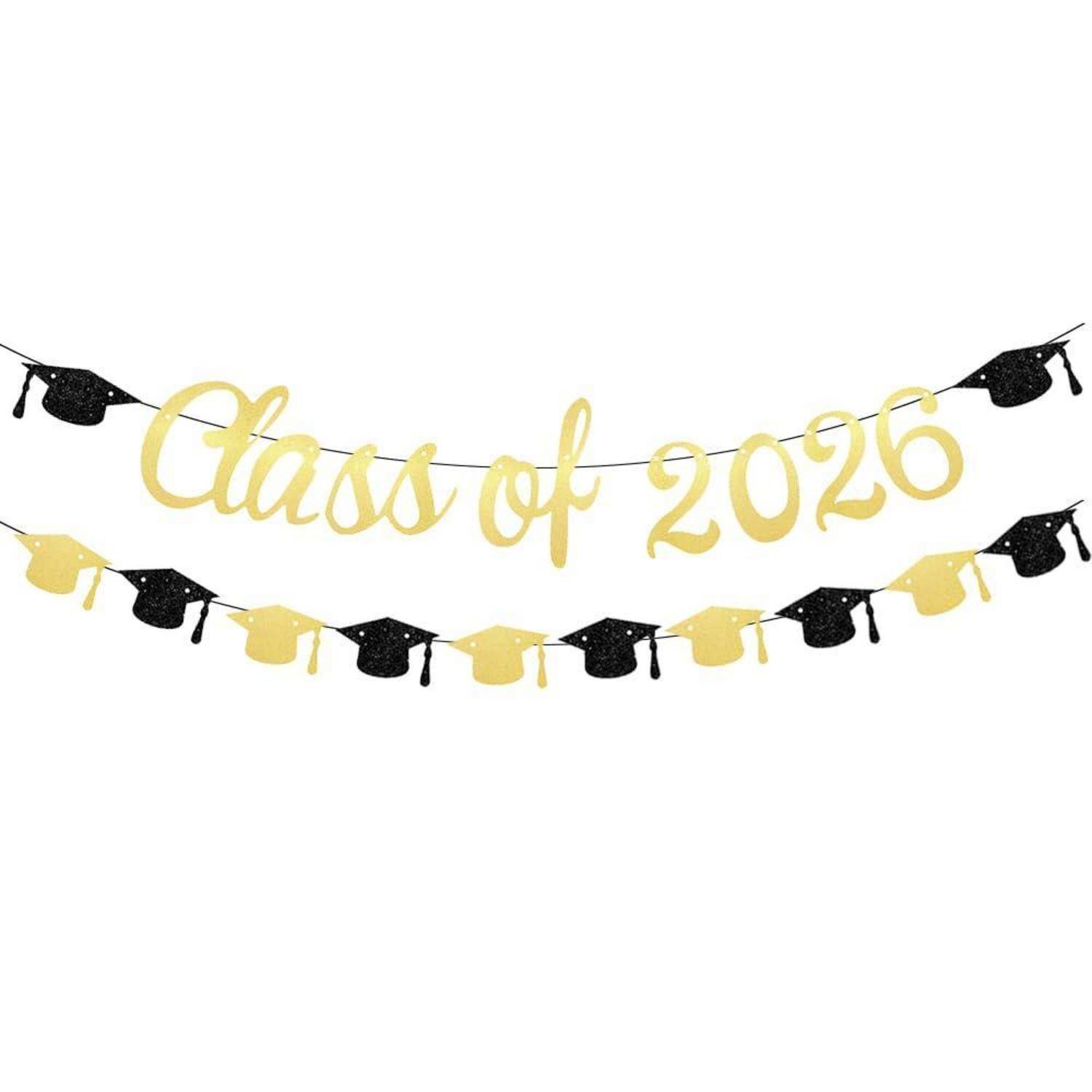 Class of 2026 Banner Schwarz Gold Glitzer mit Abschlusskappen