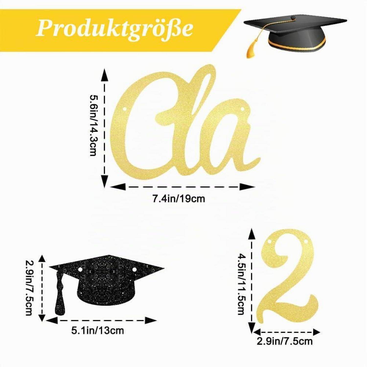 Class of 2026 Banner Schwarz Gold Glitzer mit Abschlusskappen