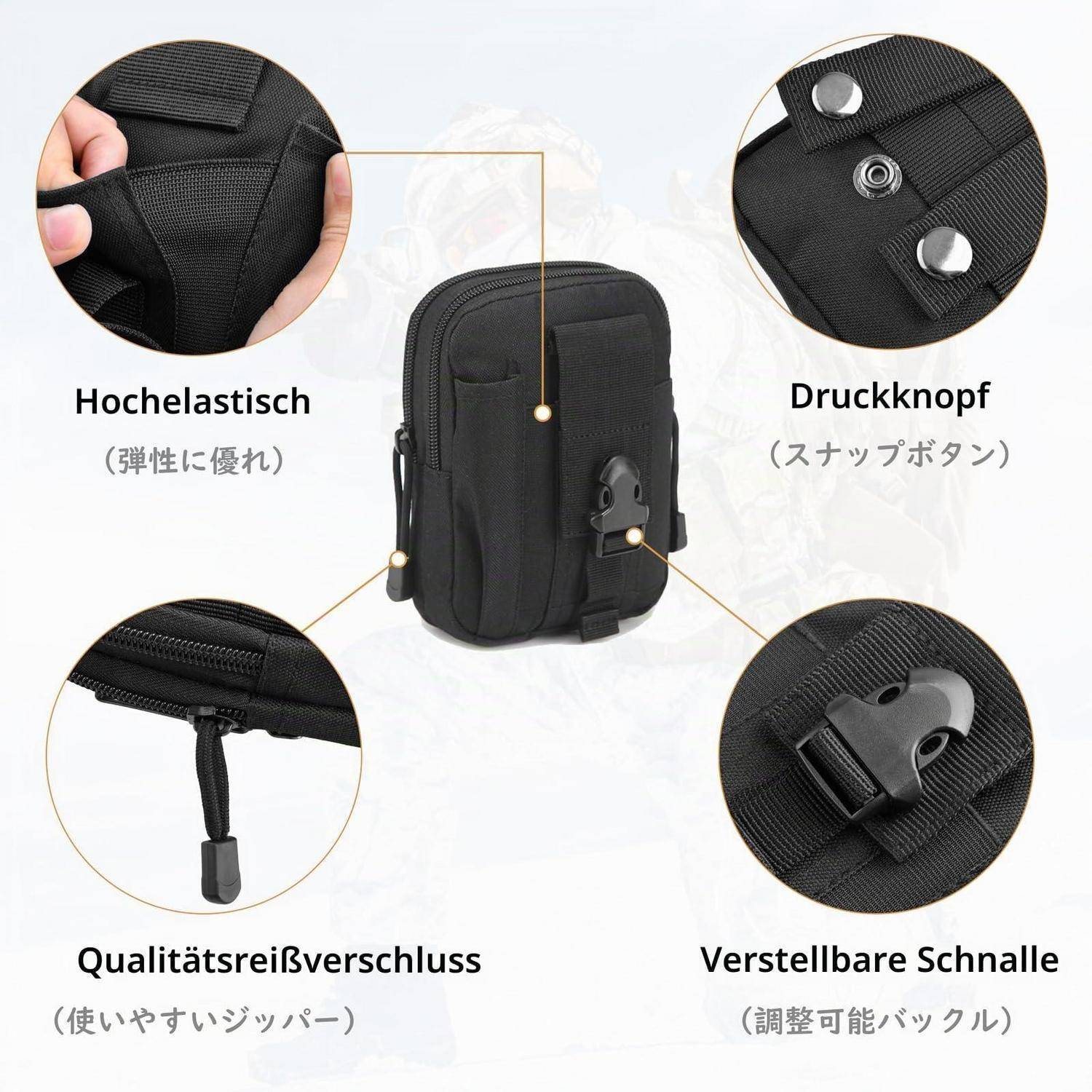 Diagramm einer schwarzen Beuteltasche mit hervorgehobenen Merkmalen: hohe Elastizität, Druckknopf, leicht zu öffnender Reißverschluss und verstellbare Schnalle, mit Nahaufnahmen und deutschen/japanischen Beschriftungen.