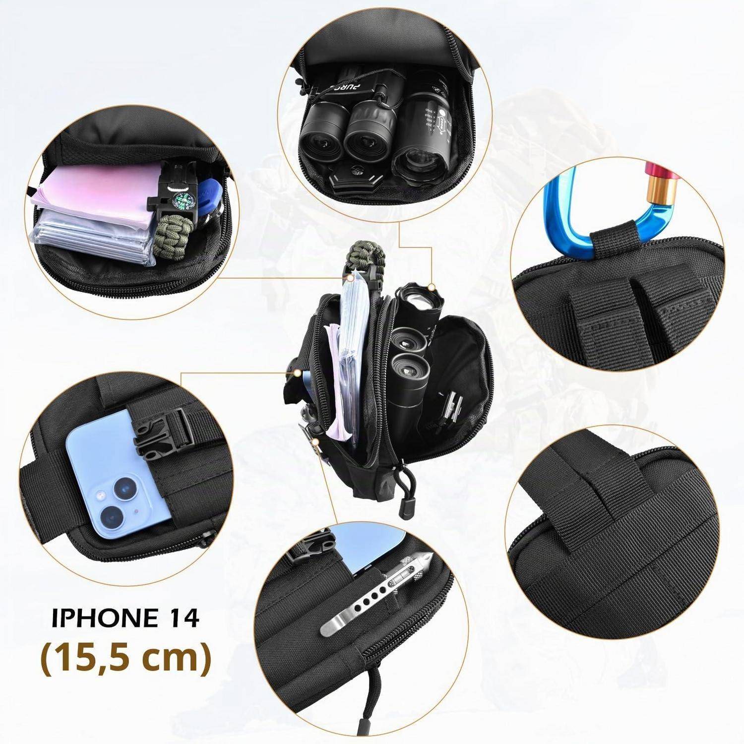 Schwarze Utilitytasche mit Reißverschlussfächern, dargestellt mit Telefon, Papieren, Fernglas und Ausrüstung, mit Nahaufnahmen von Riemen, Clip und iPhone 14 Größe 15,5 cm.