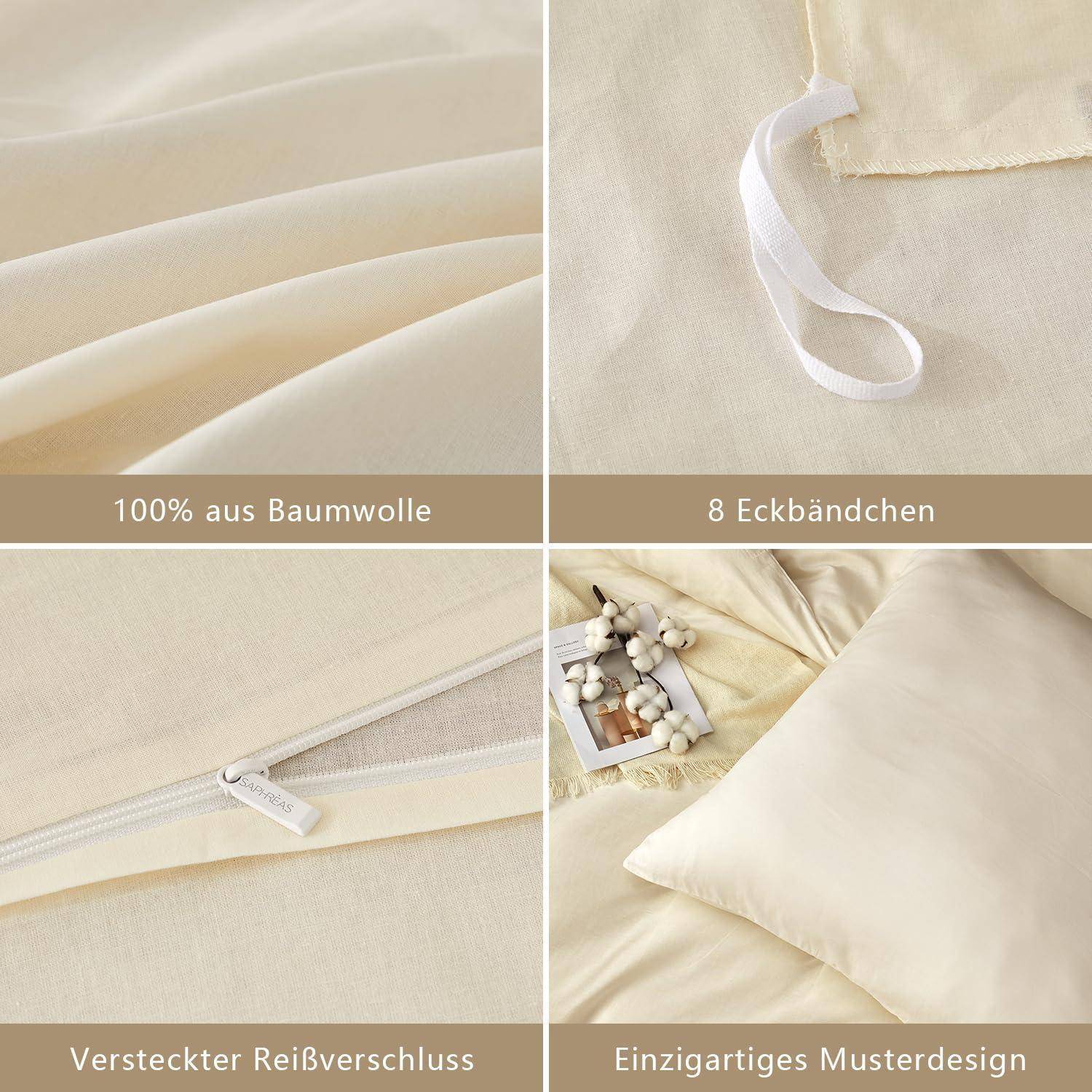 Vierteiliges Produktbild von beiger Bettwäsche mit 100% Baumwollstoff, 8 Eckenbändern, verborgenem Reißverschluss und einem passenden Kissen mit einzigartigem Mustermuster.