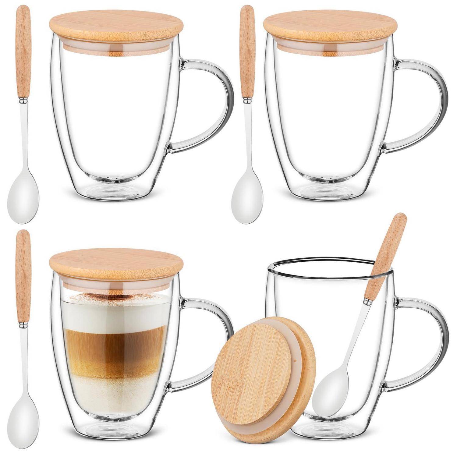 Doppelwandige Kaffeegläser 4x350ml Borosilikatglas mit Deckel und Löffel