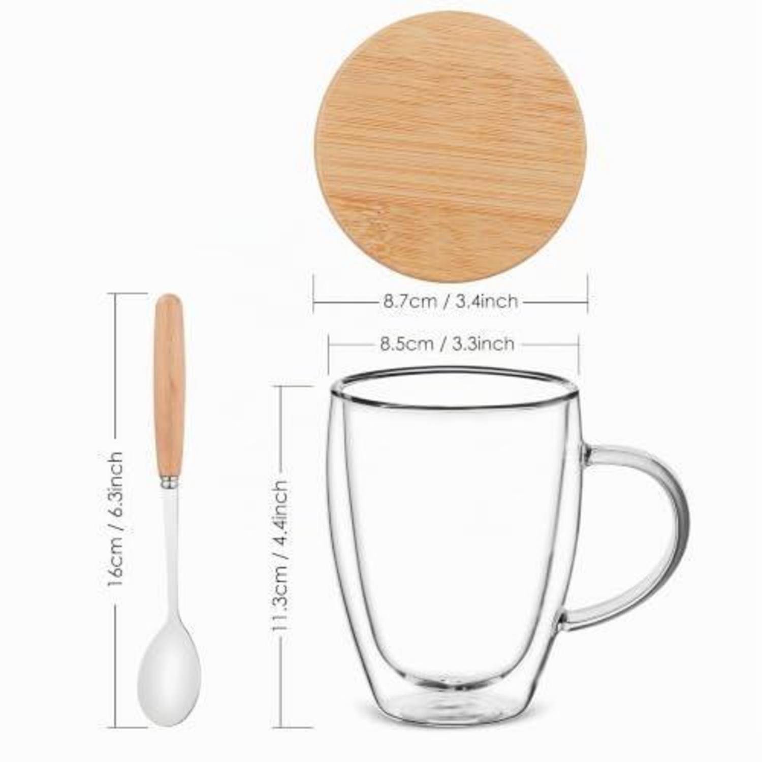 Produktabmessungsdiagramm eines Glastasses mit Bambusdeckel und Löffel, das die Tassenhöhe von 11,3 cm, die obere Breite von 8,5 cm, den Decieldurchmesser von 8,7 cm und die Löffellänge von 16 cm zeigt.