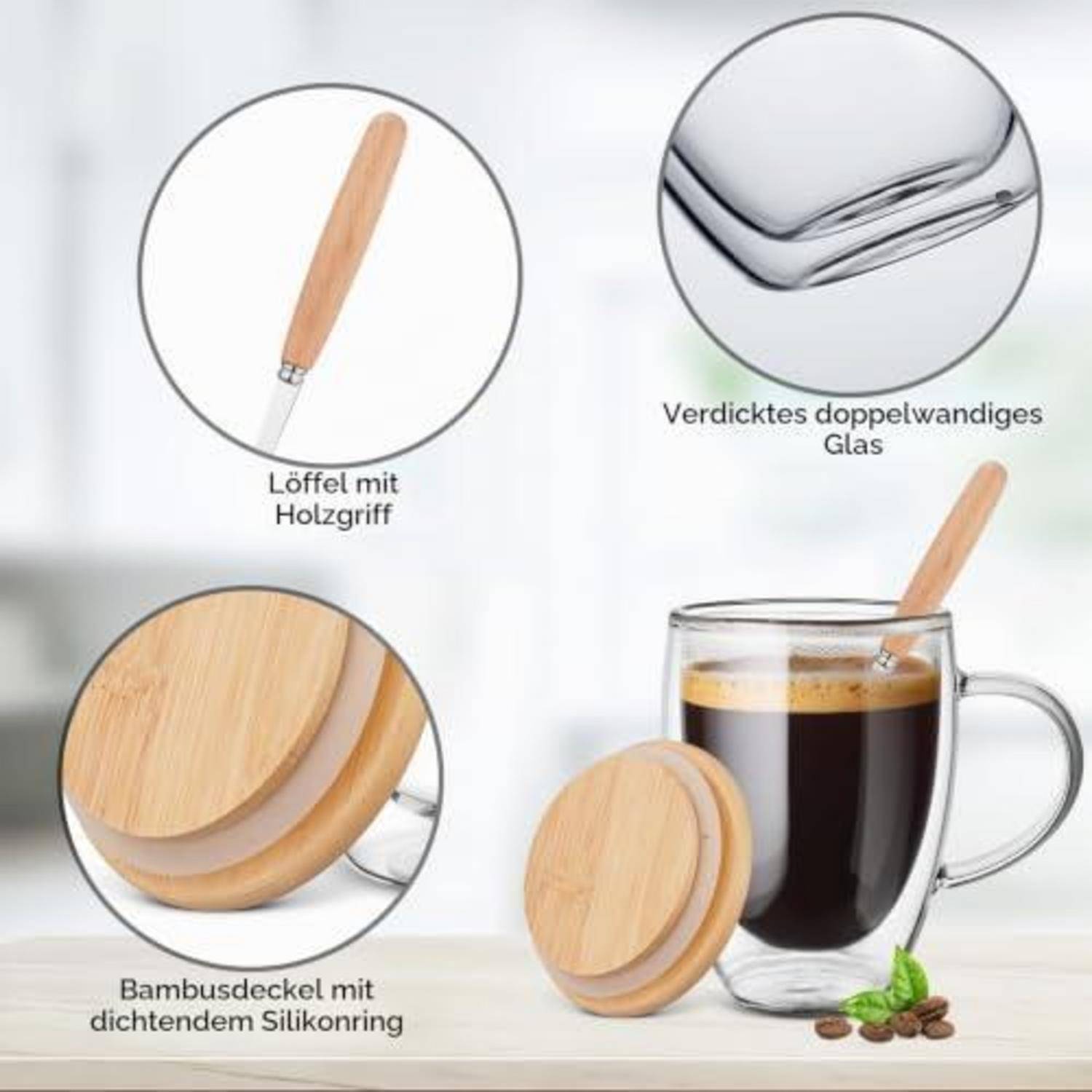 Glaskrug Kaffee mit Holzgriff-Löffel und Bambusdeckel; Hinweise zeigen doppelwandiges verdicktes Glas und mit Silikon abgedichteter Bambusdeckel.