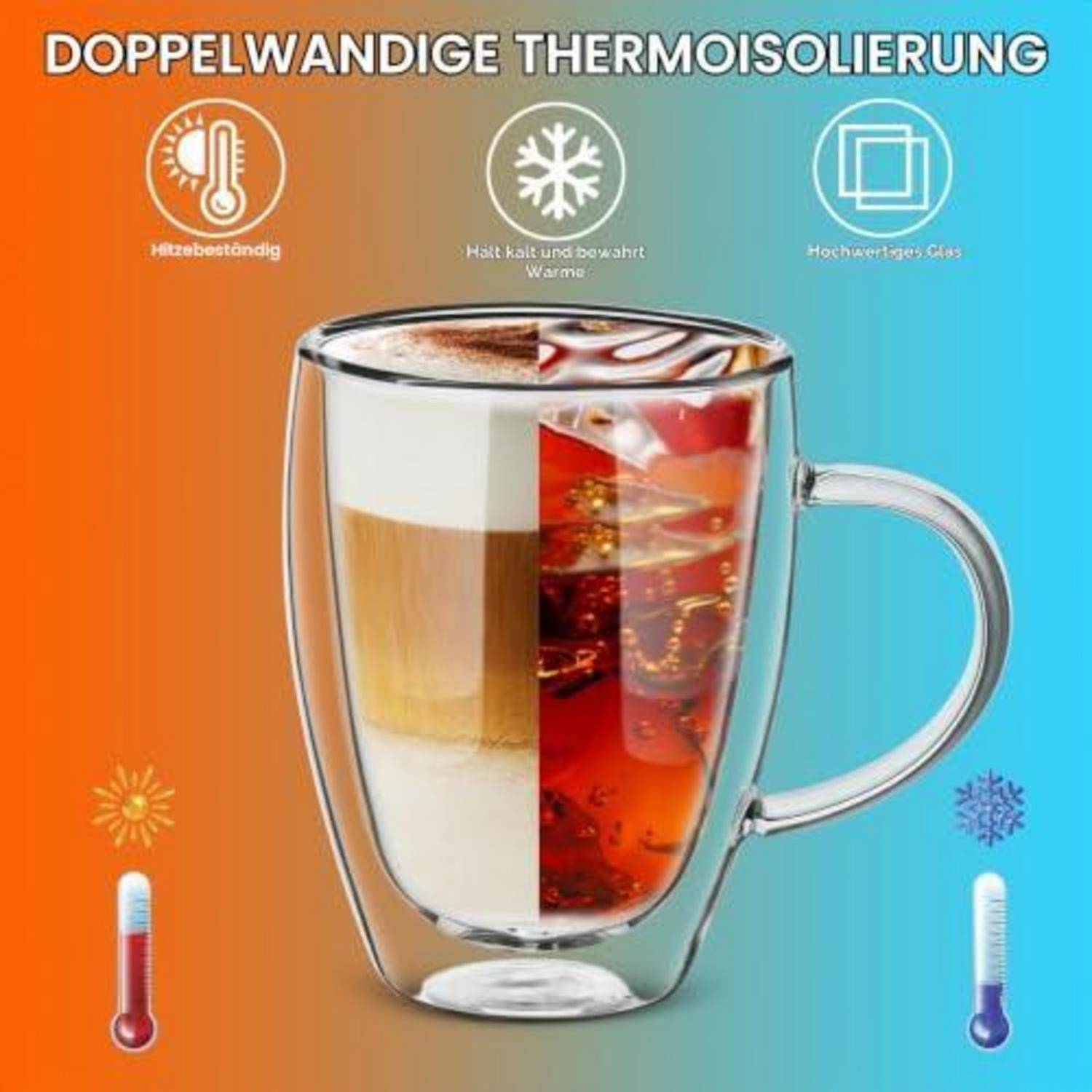 Doppelwandige Kaffeegläser 4x350ml Borosilikatglas mit Deckel und Löffel