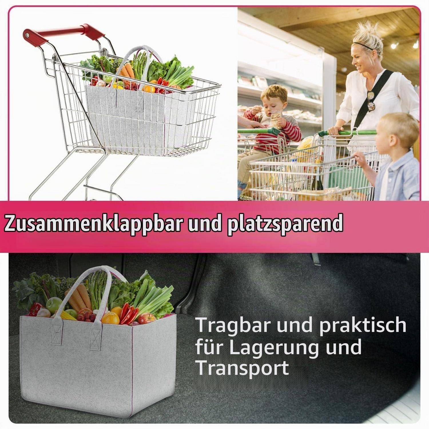Zusammenklappbarer Einkaufswagen und Filz-Einkaufstasche; deutscher Text sagt „faltbar und platzsparend" und „tragbar und praktisch zum Lagern und Transportieren"".