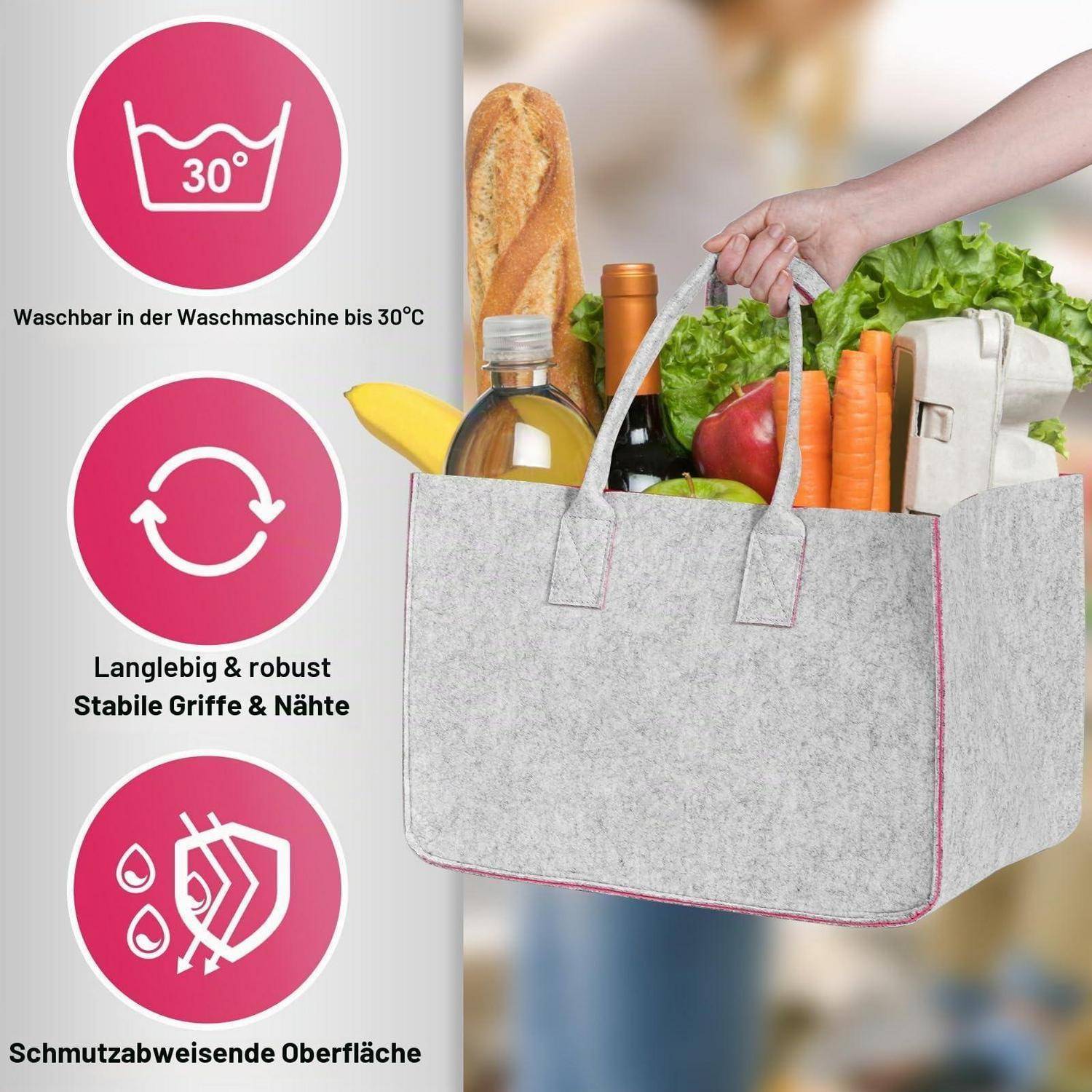 Wiederverwendbare Filz-Einkaufstasche gefüllt mit Lebensmitteln; Symbole zeigen maschinenwäschbar bei 30°C, langlebig mit stabilen Griffen und Nähten sowie schmutzabweisender Oberfläche.