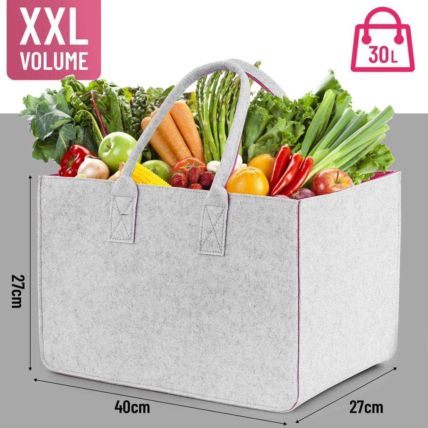 Große graue isolierte Tragetasche gefüllt mit Gemüse, beschriftet mit „XXL VOLUME" und „30L""; die angegebenen Abmessungen sind 40 cm breit, 27 cm tief, 27 cm hoch.