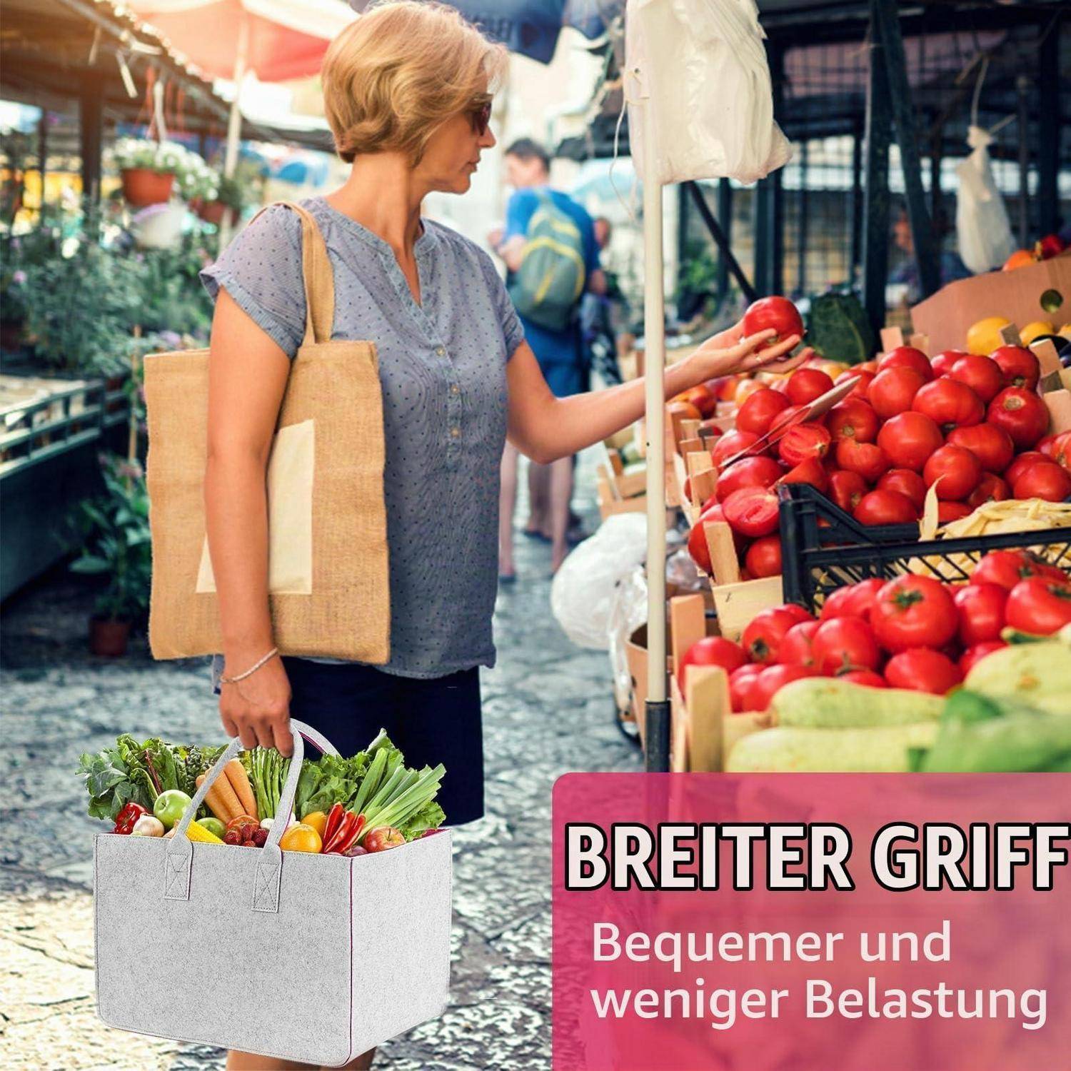 Frau auf einem Außenmarkt greift nach Tomaten, während sie eine Einkaufstasche hält; deutscher Text liest sich als "BREITER GRIFF"" und ""Bequemer und weniger Belastung"".