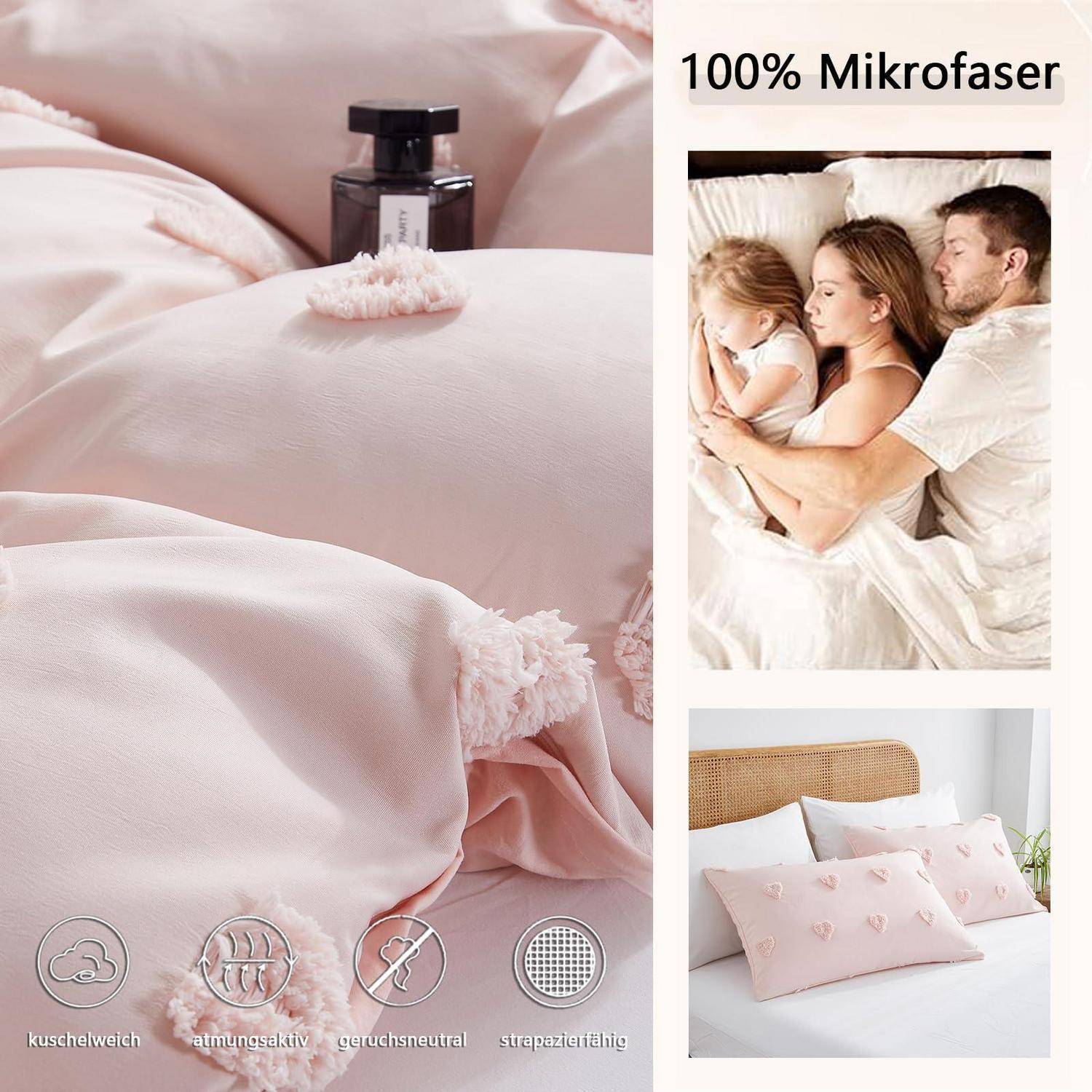 Rosa Mikrofaser-Bettwäsche mit Quastendetails und vier Funktionssymbolen, sowie Text 