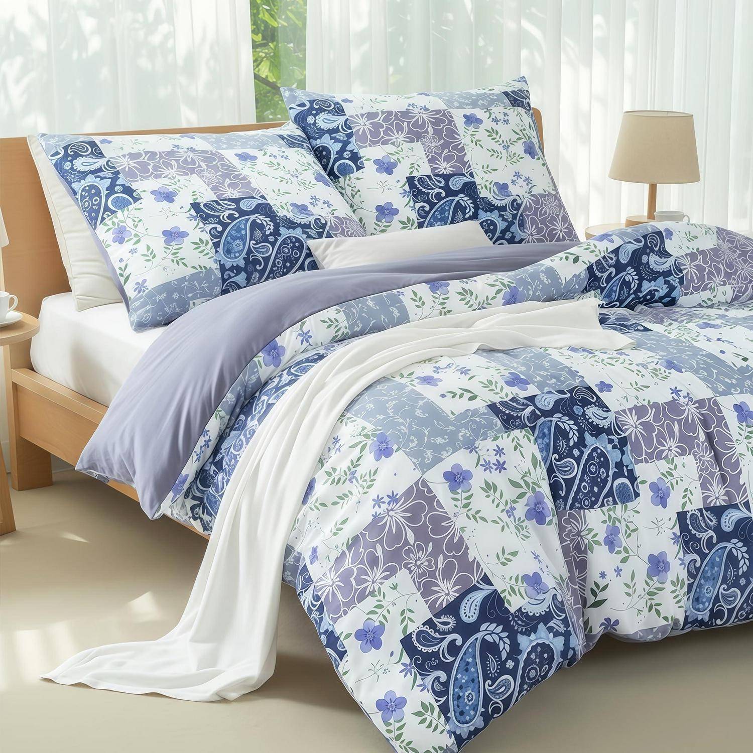 Blaues Patchwork-Bettwäsche-Set mit Blumenmuster auf einem ordentlich gemachten Bett in einem hellen Schlafzimmer, mit Kissen, einer Wurfdecke und einer Nachttischlampe.