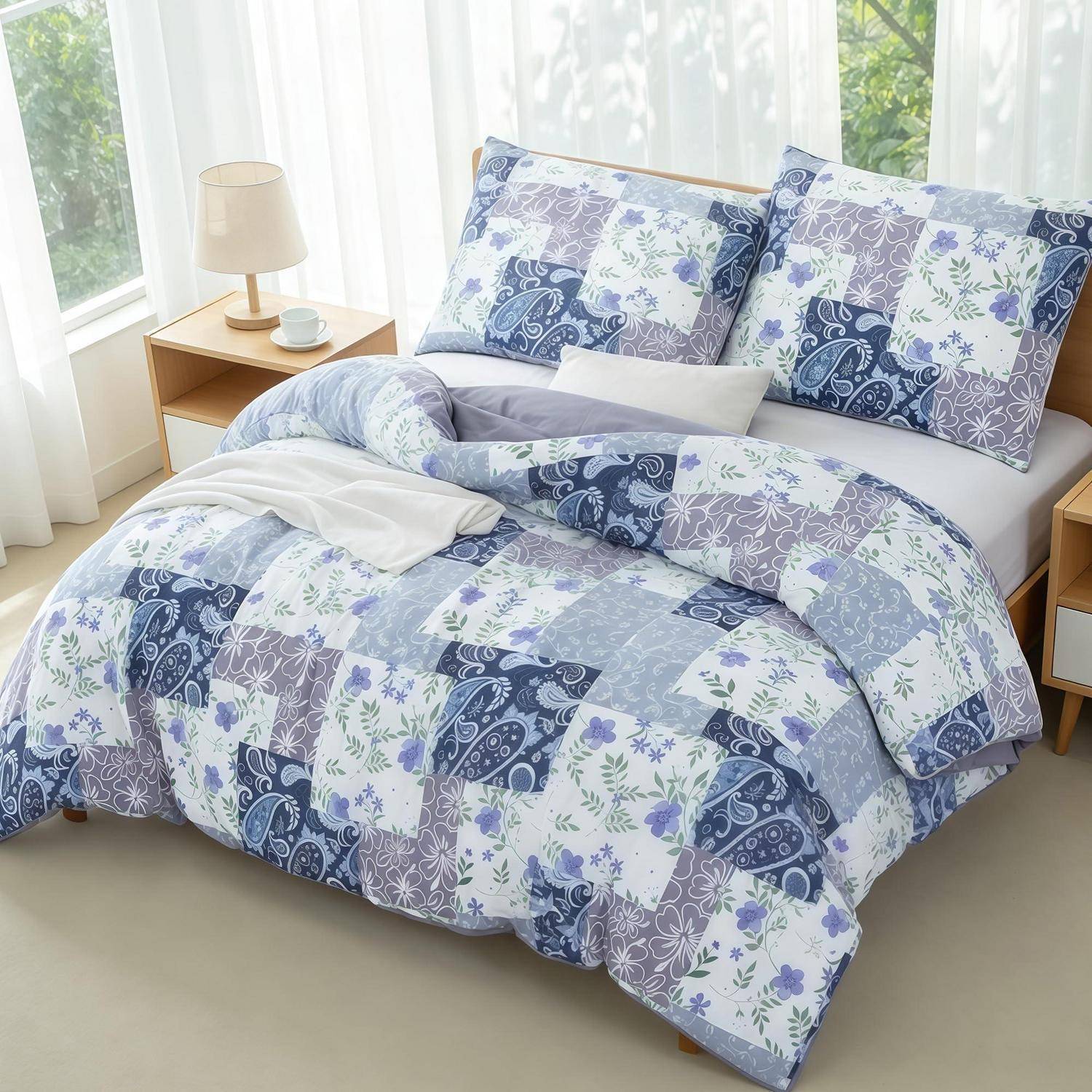 Blau-violettes Patchwork-Bettwäscheset auf einem gemachten Bett, mit passenden Kissen und einer Nachttischlampe in einem hellen Schlafzimmer.