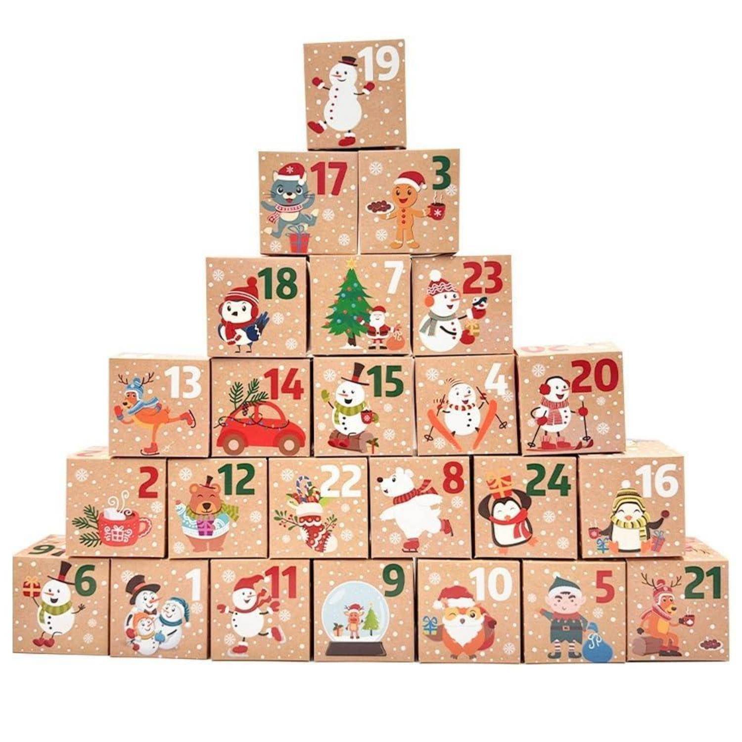 Adventskalender zum Befüllen 24 Schachteln 7x7x7cm Weihnachtsmotive