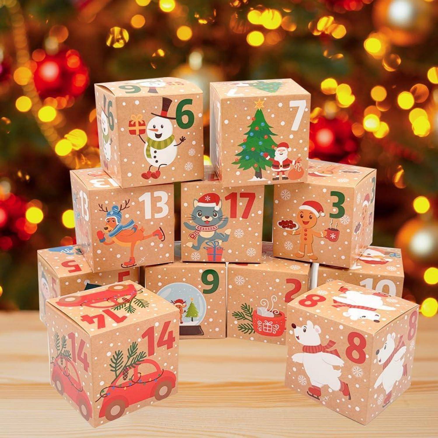 Adventskalender zum Befüllen 24 Schachteln 7x7x7cm Weihnachtsmotive