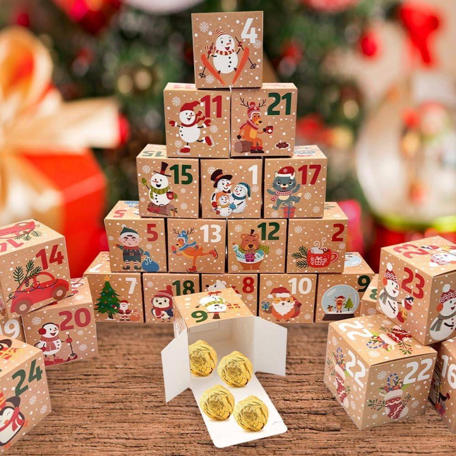 Adventskalender zum Befüllen 24 Schachteln 7x7x7cm Weihnachtsmotive
