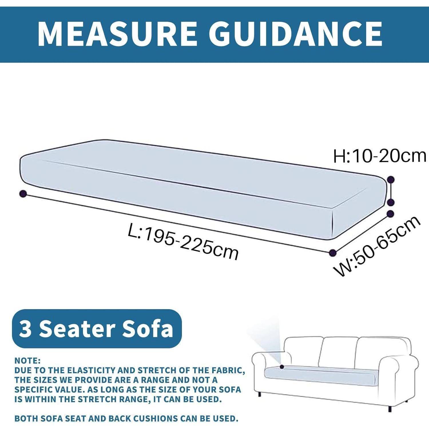 Messleitfaden für einen 3er-Sofabezug: L 195-225 cm, B 50-65 cm, H 10-20 cm; Hinweis besagt, dass elastischer Stoff auf Sofas im angegebenen Bereich passt und sowohl Sitz- als auch Rückenkissen verwendet werden können.