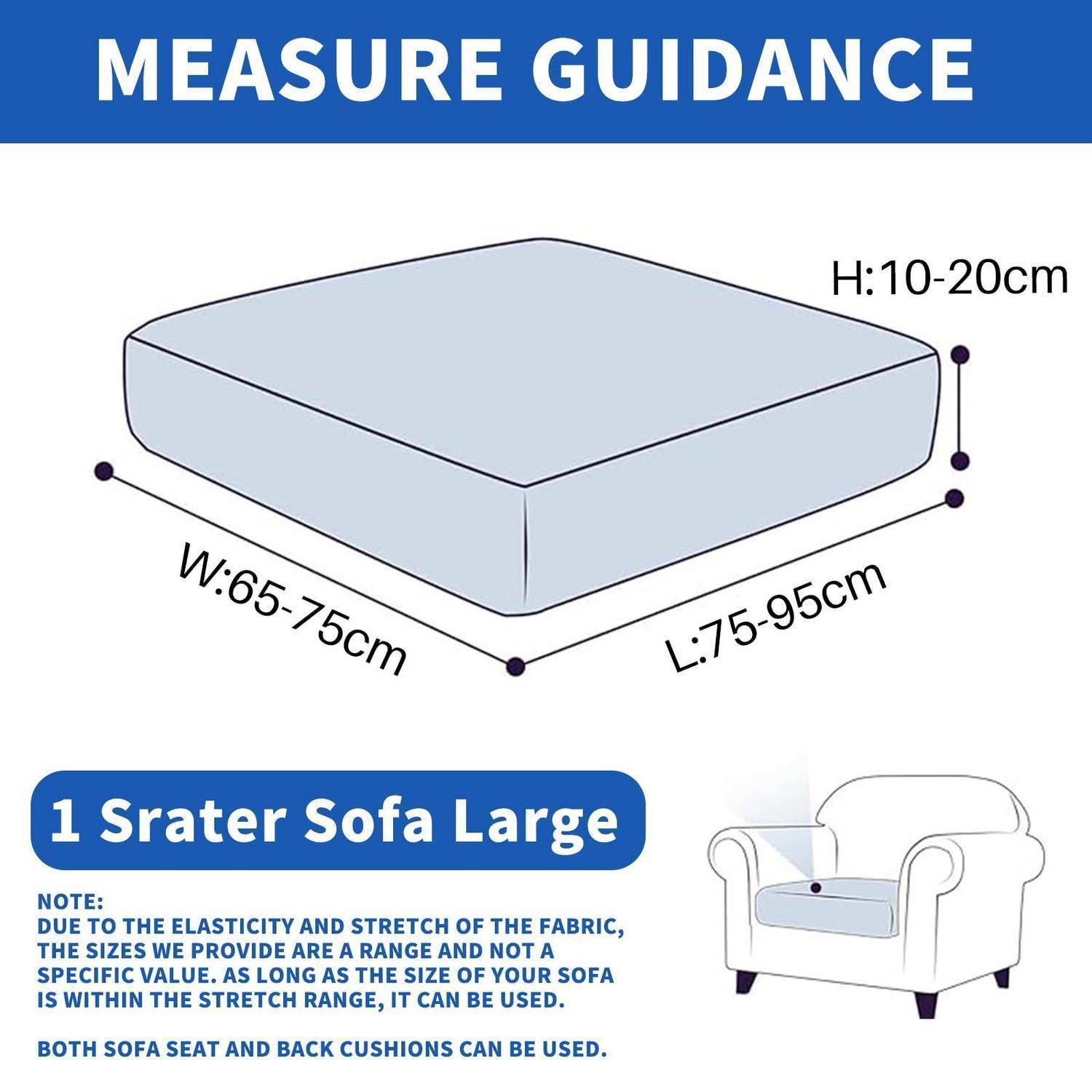Diagramm mit Größenleitfaden für Sofabezüge für „1-Sitzer-Sofa Groß" mit Abmessungen B:65-75cm, L:75-95cm, H:10-20cm und Hinweis, dass Sofasitz- und Rückenkissen verwendet werden können.