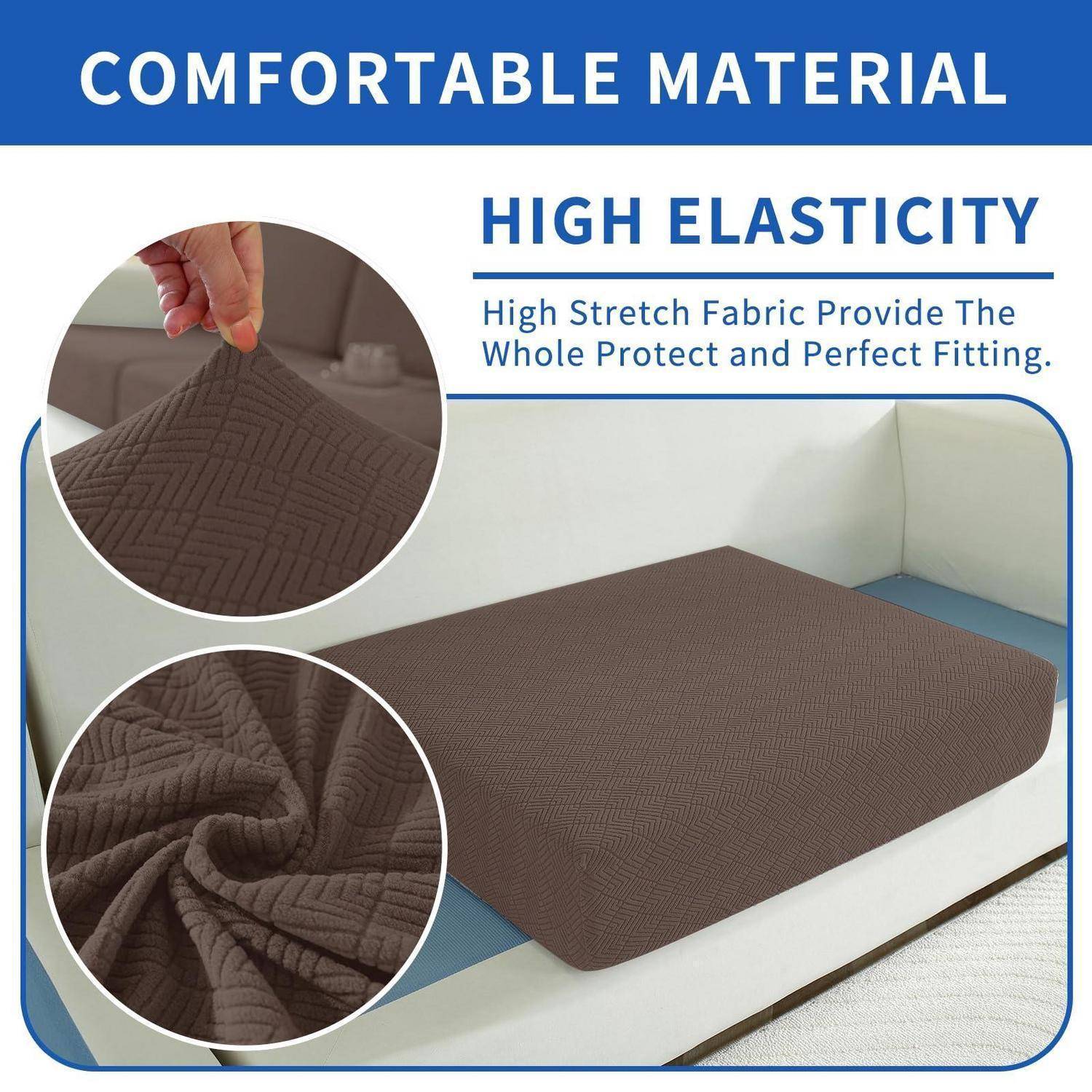 Braune elastische Spannbettlaken-Bezug auf einem Bett gezeigt, mit eingefügten Nahaufnahmen des strukturierten Stoffes und der elastischen Passform; der Text lautet „KOMFORTABLES MATERIAL" und „HOHE ELASTIZITÄT"".
