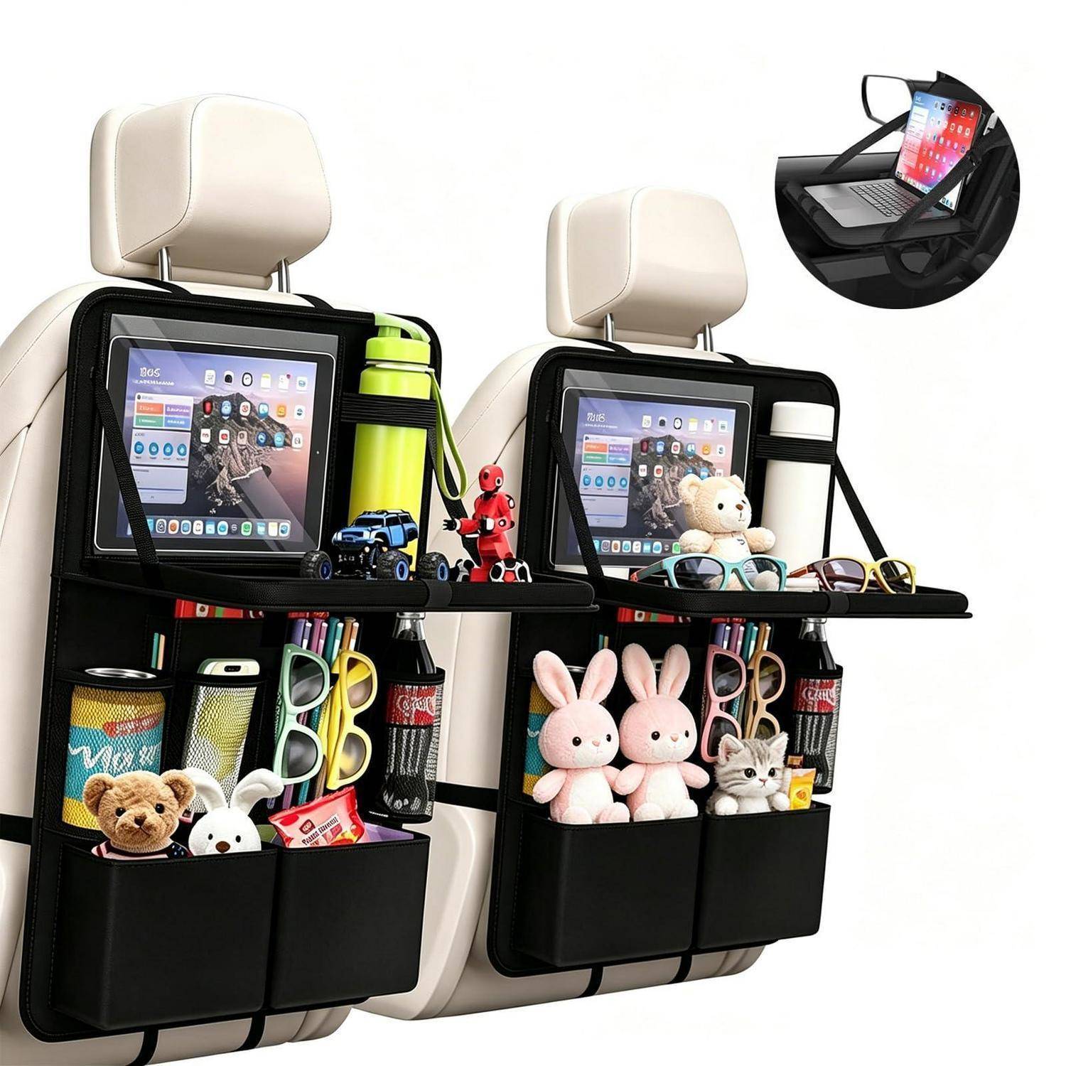 2er Set Auto Organizer mit Klapptisch 62x42cm 11 Taschen Touchscreen Fach