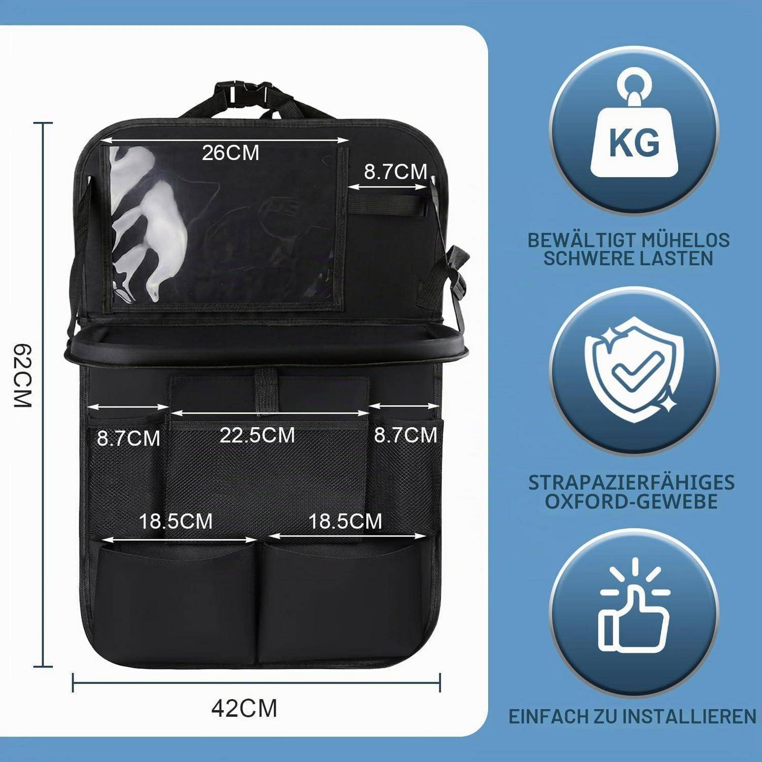 2er Set Auto Organizer mit Klapptisch 62x42cm 11 Taschen Touchscreen Fach