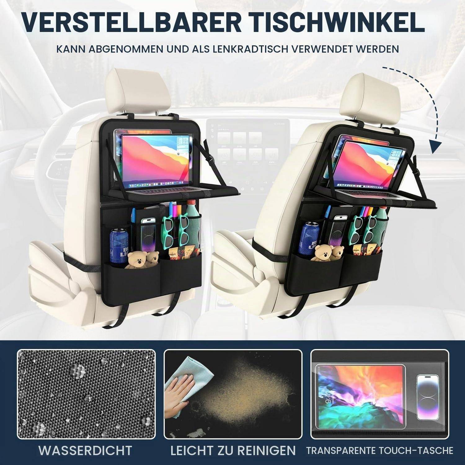 2er Set Auto Organizer mit Klapptisch 62x42cm 11 Taschen Touchscreen Fach