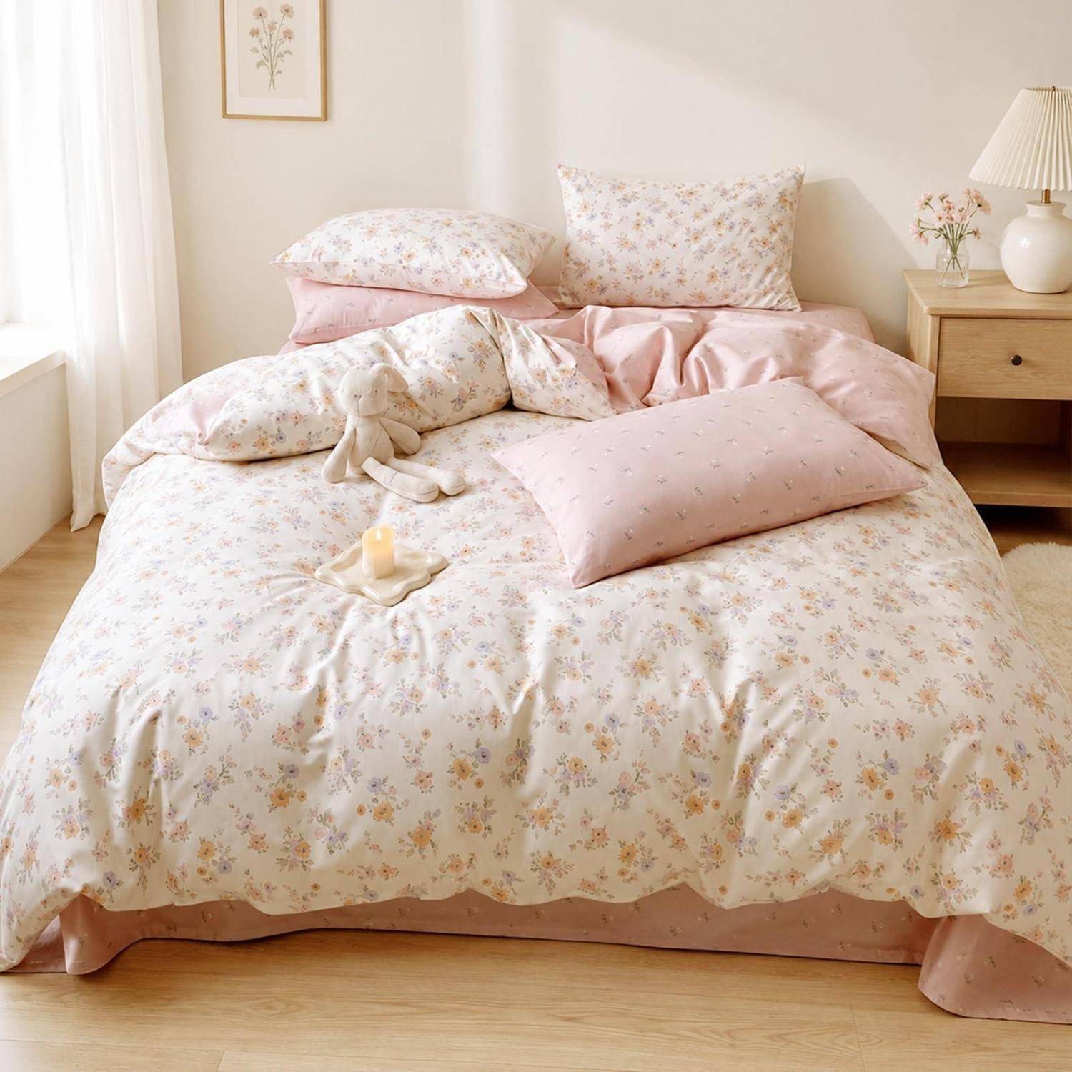 Blumiges rosa-creme farbenes Bettzeug auf einem unmachten Bett in einem hellen, minimalistischen Schlafzimmer mit Nachttisch, Lampe und Vorhängen.