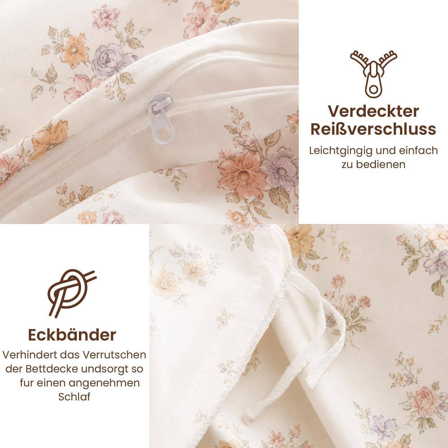 Blumenmusterbettdeckenbezug mit verborgenem Reißverschluss und Eckenband; Deutsche Etiketten besagen, dass der Reißverschluss leicht zu bedienen ist und die Bänder verhindern, dass die Einlage verrutscht.