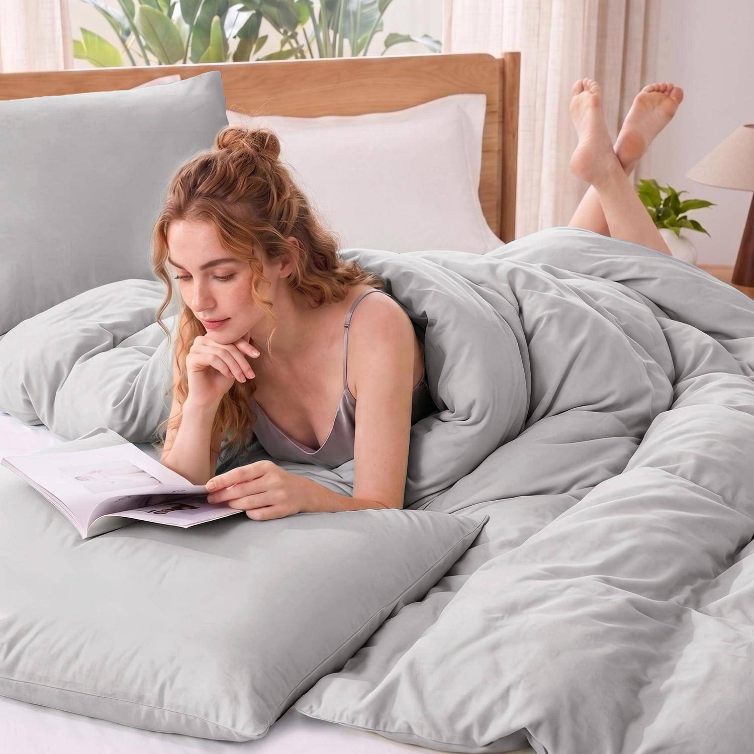Junge Frau, die auf einem Bett liegt und unter einer grauen Steppdecke ein Buch in einem hellen Schlafzimmer liest.