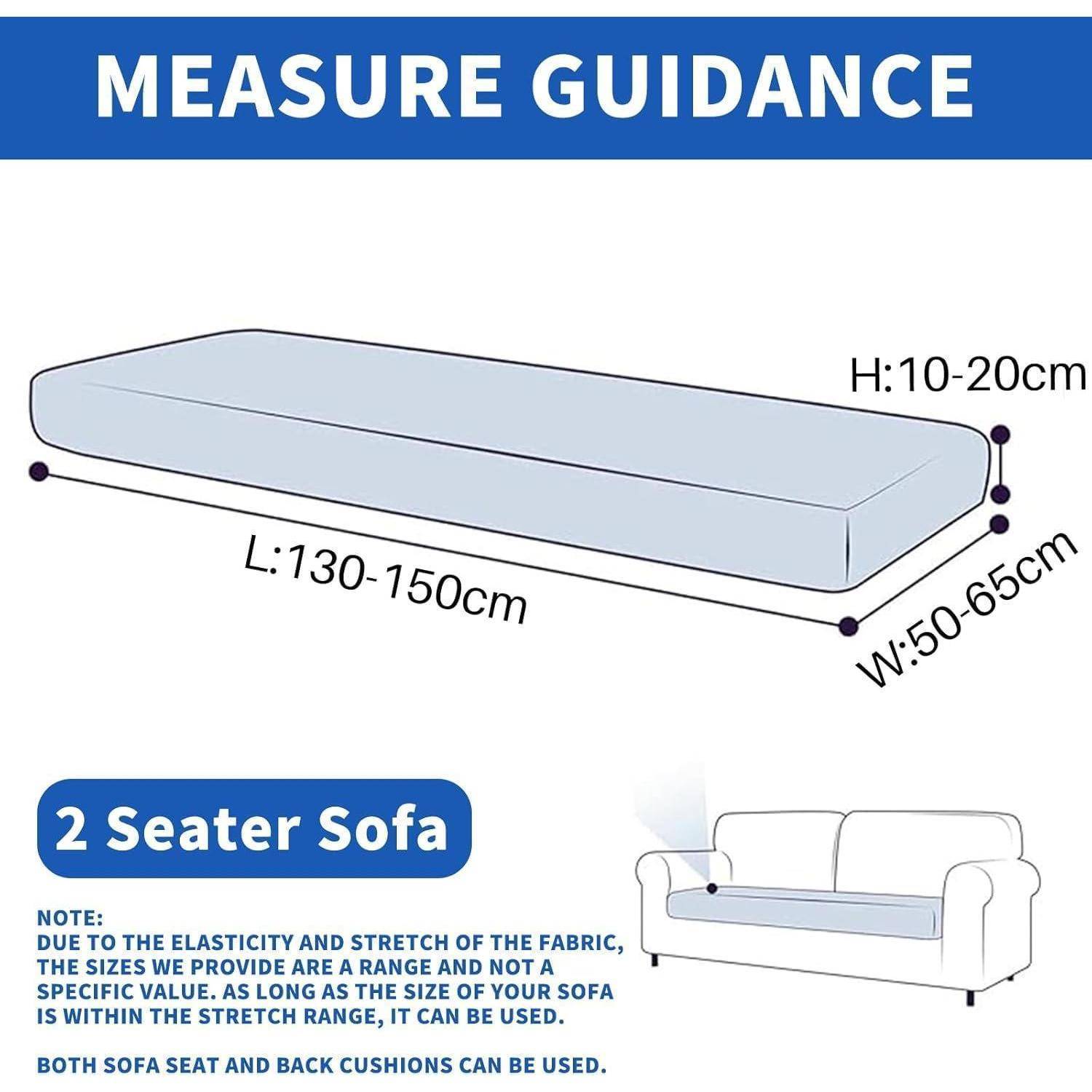 Messleitfaden für ein Sofabett-Sitzkissen mit 2 Plätzen: Länge 130-150 cm, Breite 50-65 cm, Höhe 10-20 cm; Hinweis besagt, dass Größen aufgrund von Stoffdehnbarkeit im angegebenen Bereich variieren können.