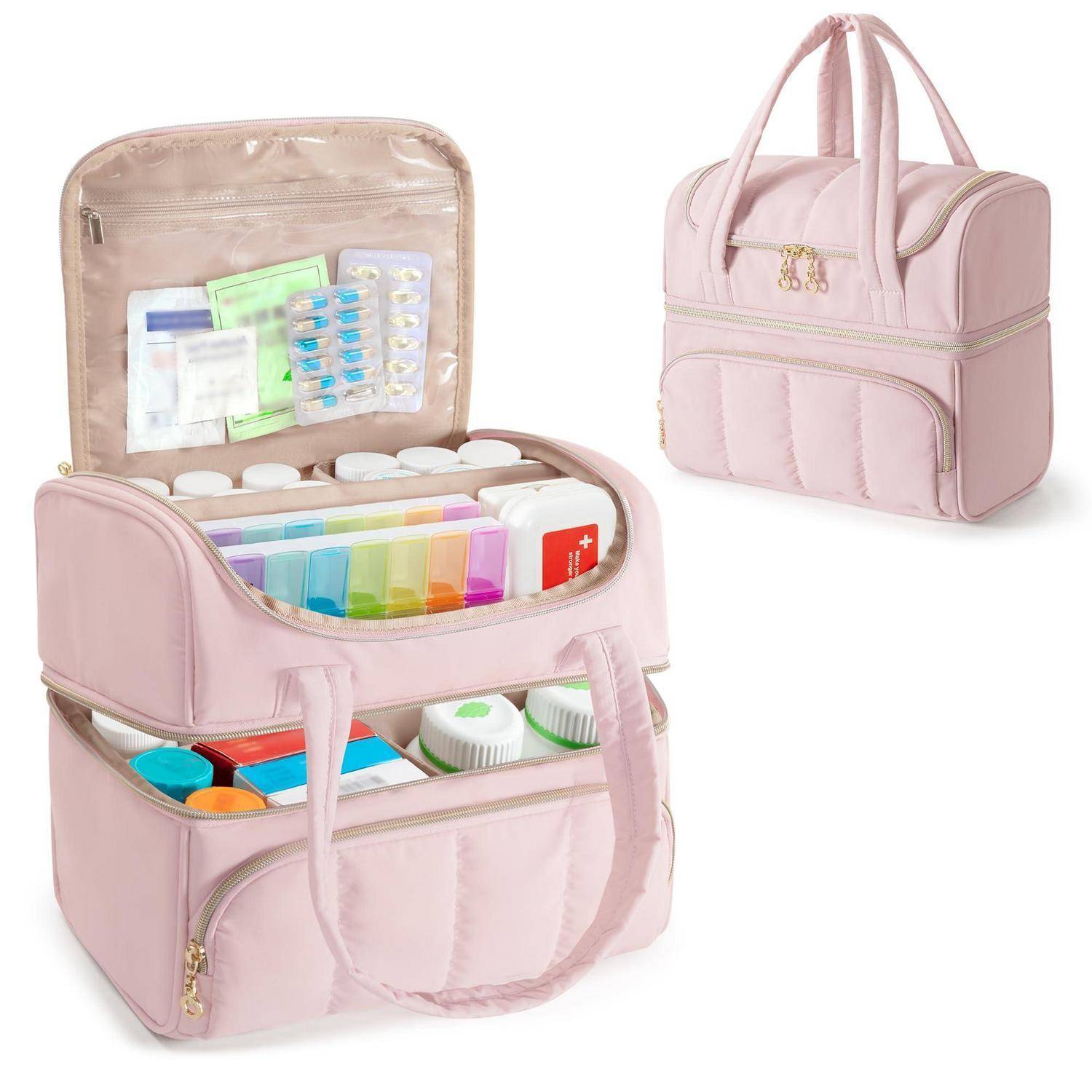 Reiseapotheke Tasche doppelt, Rosa, abschließbare Reißverschlüsse