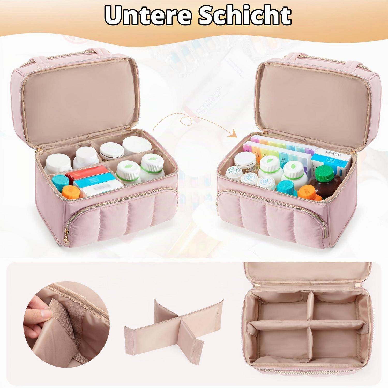 Reiseapotheke Tasche doppelt, Rosa, abschließbare Reißverschlüsse