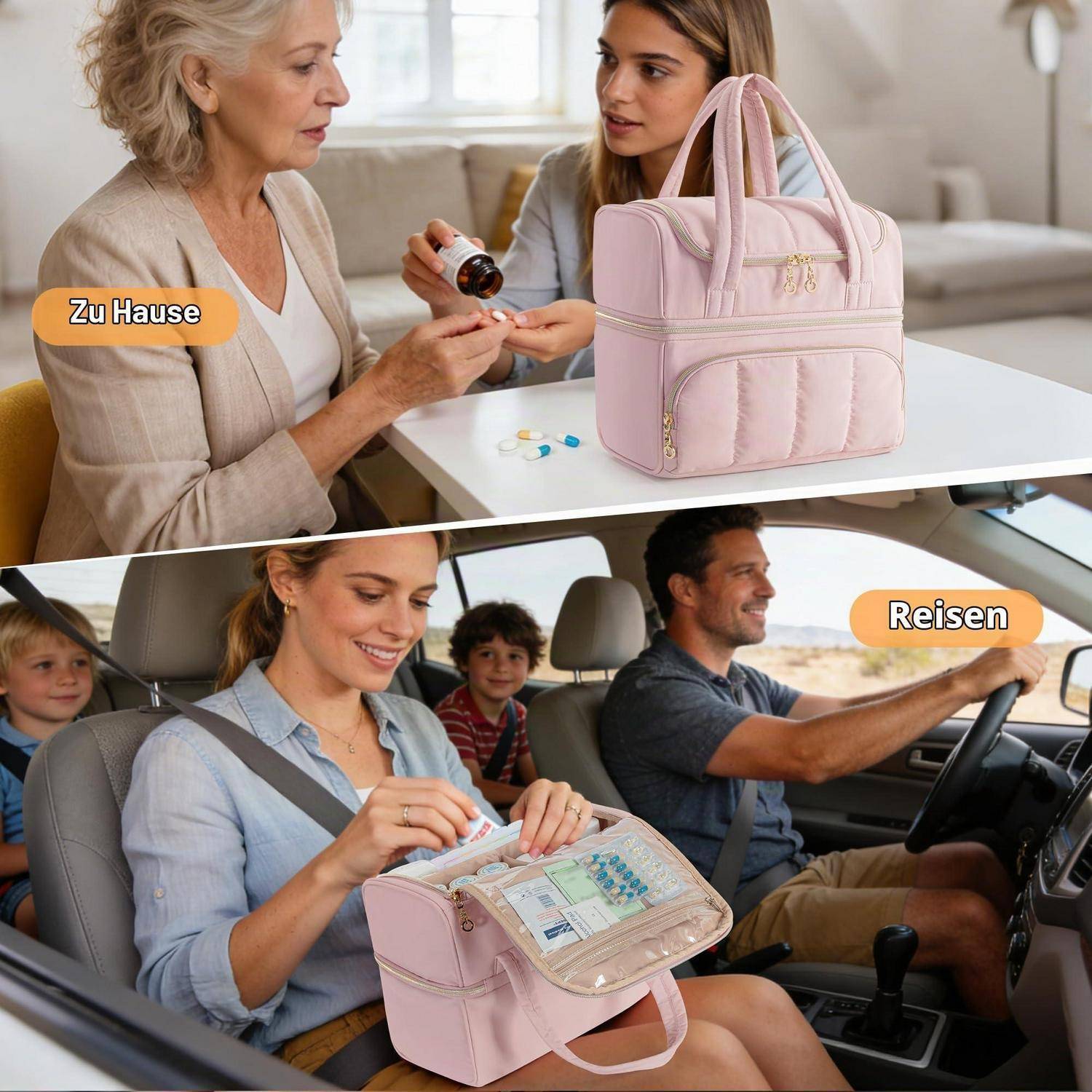 Reiseapotheke Tasche doppelt, Rosa, abschließbare Reißverschlüsse