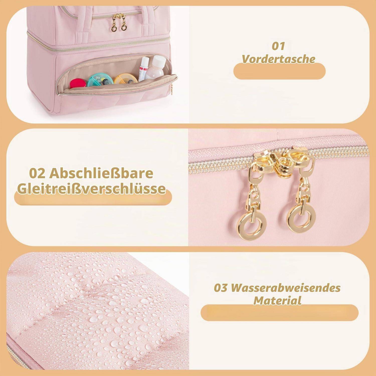 Reiseapotheke Tasche doppelt, Rosa, abschließbare Reißverschlüsse