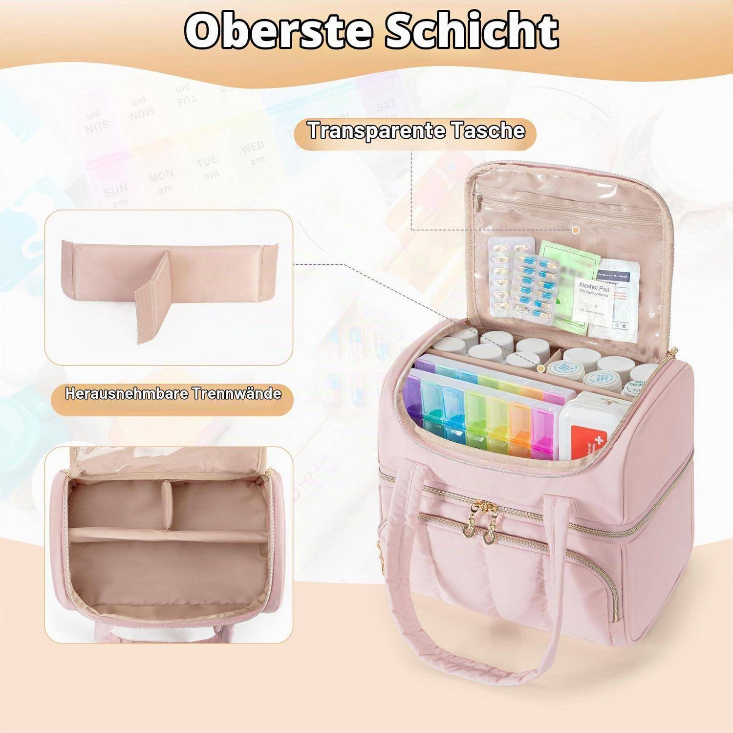 Reiseapotheke Tasche doppelt, Rosa, abschließbare Reißverschlüsse