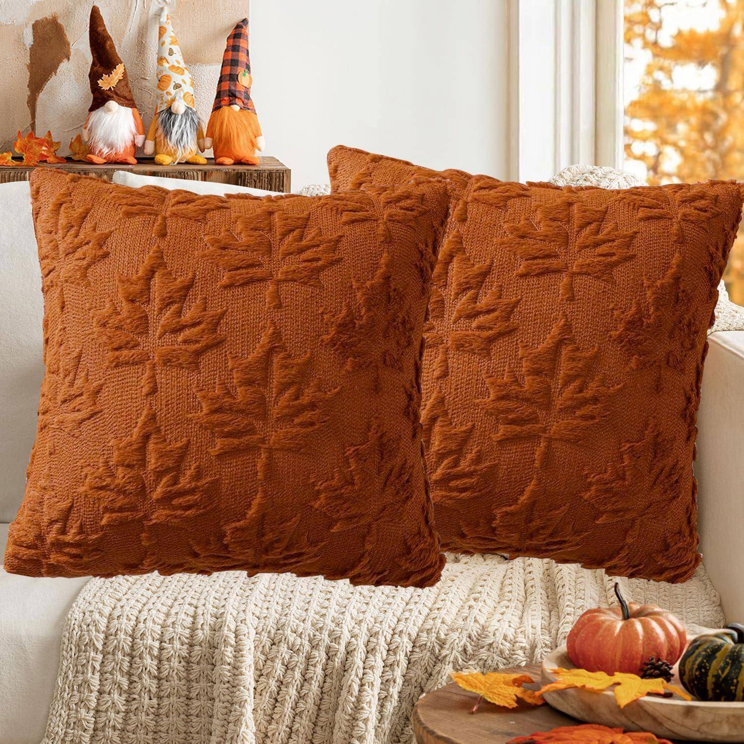 2er Set Kissenbezüge 45x45cm Herbst Ahornblatt Karamellfarben