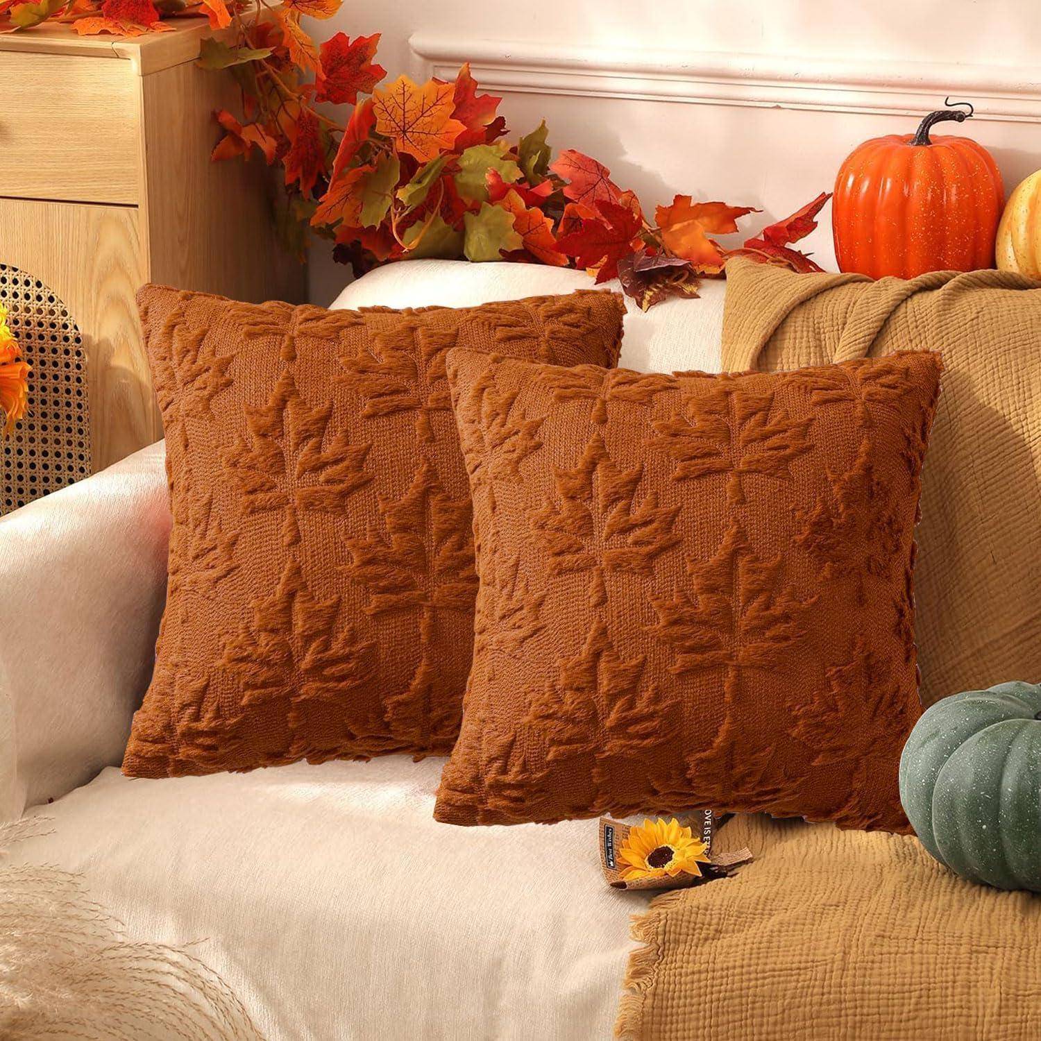 2er Set Kissenbezüge 45x45cm Herbst Ahornblatt Karamellfarben