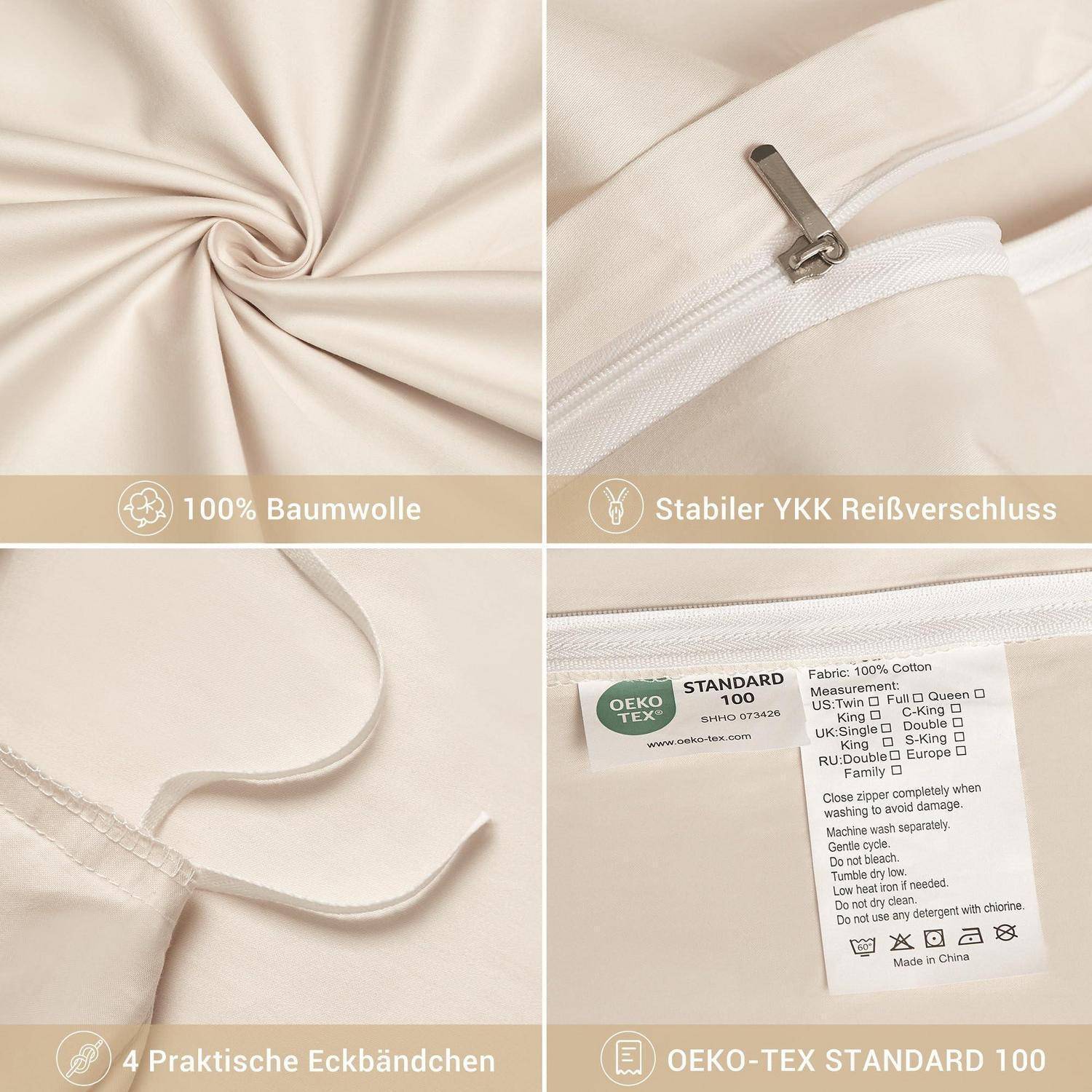 Vierfeld-Produktdetailaufnahme einer beigen Baumwoll-Kissenhülle mit Stoffstruktur, YKK-Reißverschluss, Eckbändern und OEKO-TEX STANDARD 100 Pflegeetikett mit deutschen Feature-Bildunterschriften.