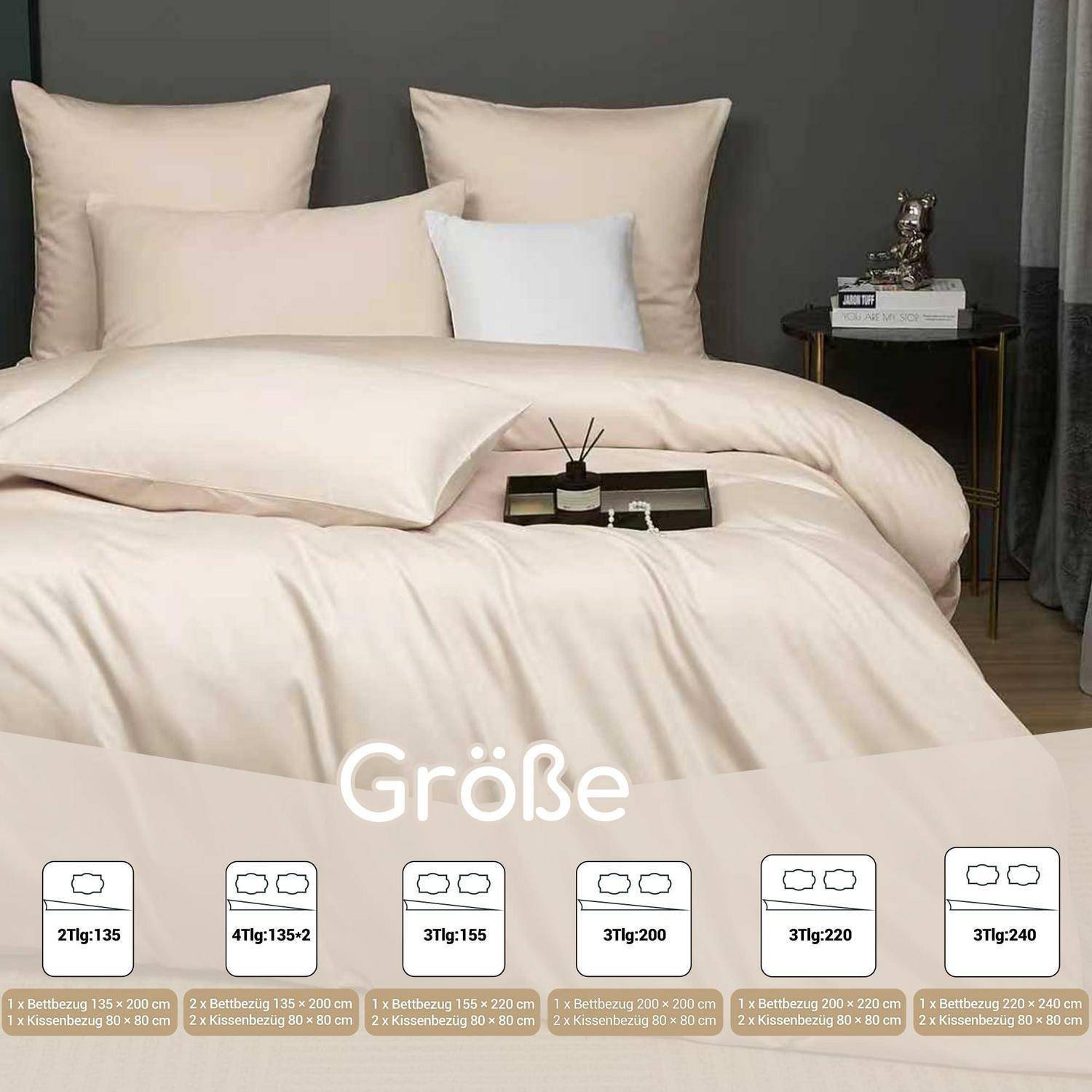 Ein ordentlich gemachtes Bett mit cremefarben Bettwäsche und Kissen, beschriftet mit 'Größe' mit sechs Größenoptionen für Bettdecken- und Kissendimensionen.