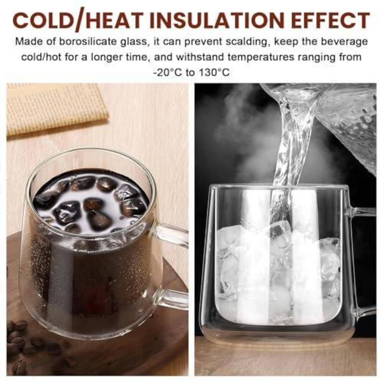 Infografik einer doppelwandigen Borosilikatglaskaffe mit der Bezeichnung „KÄLTE-/WÄRMEISOLATIONSEFFEKT", die ein eisgekühltes Getränk und heißes Wasser zeigt, um die Temperaturbeständigkeit von -20°C bis 130°C zu veranschaulichen.