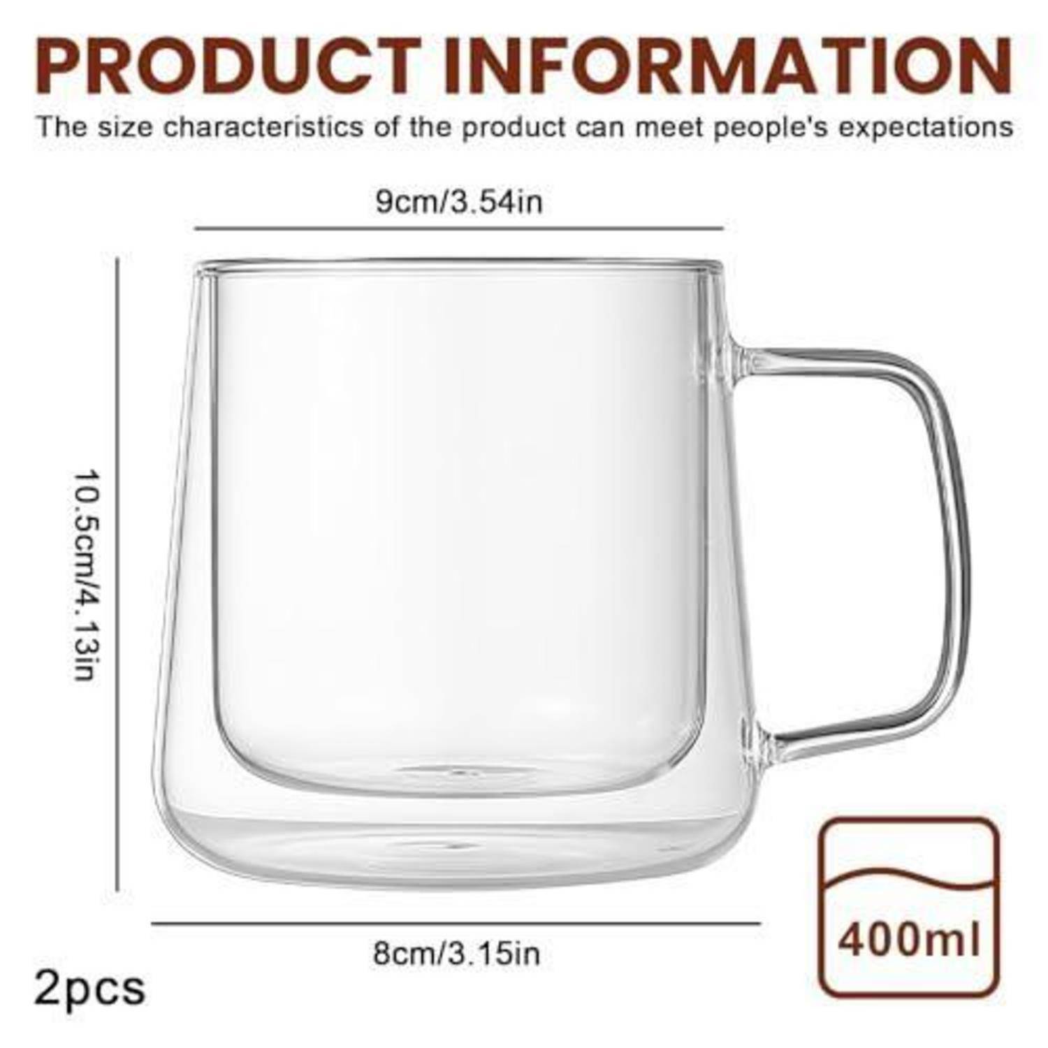 Produktinformationsgrafik, die eine klare Glastasse mit 400 ml Fassungsvermögen zeigt, mit Abmessungen von 9 cm Breite, 10,5 cm Höhe und 8 cm Basisbreite; beschriftet mit 2 Stück.